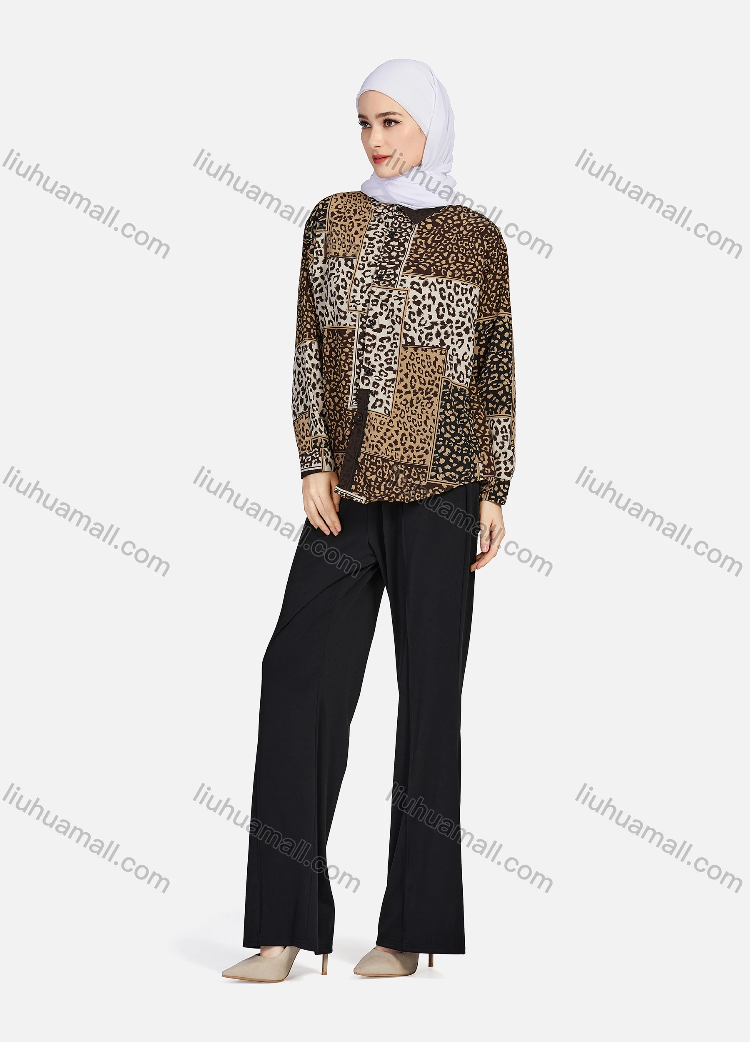 Wholesale Women's Casual Allover Leopard Print Colorblock Long Sleeve Curved Hem Shirt 1296# - Liuhuamall