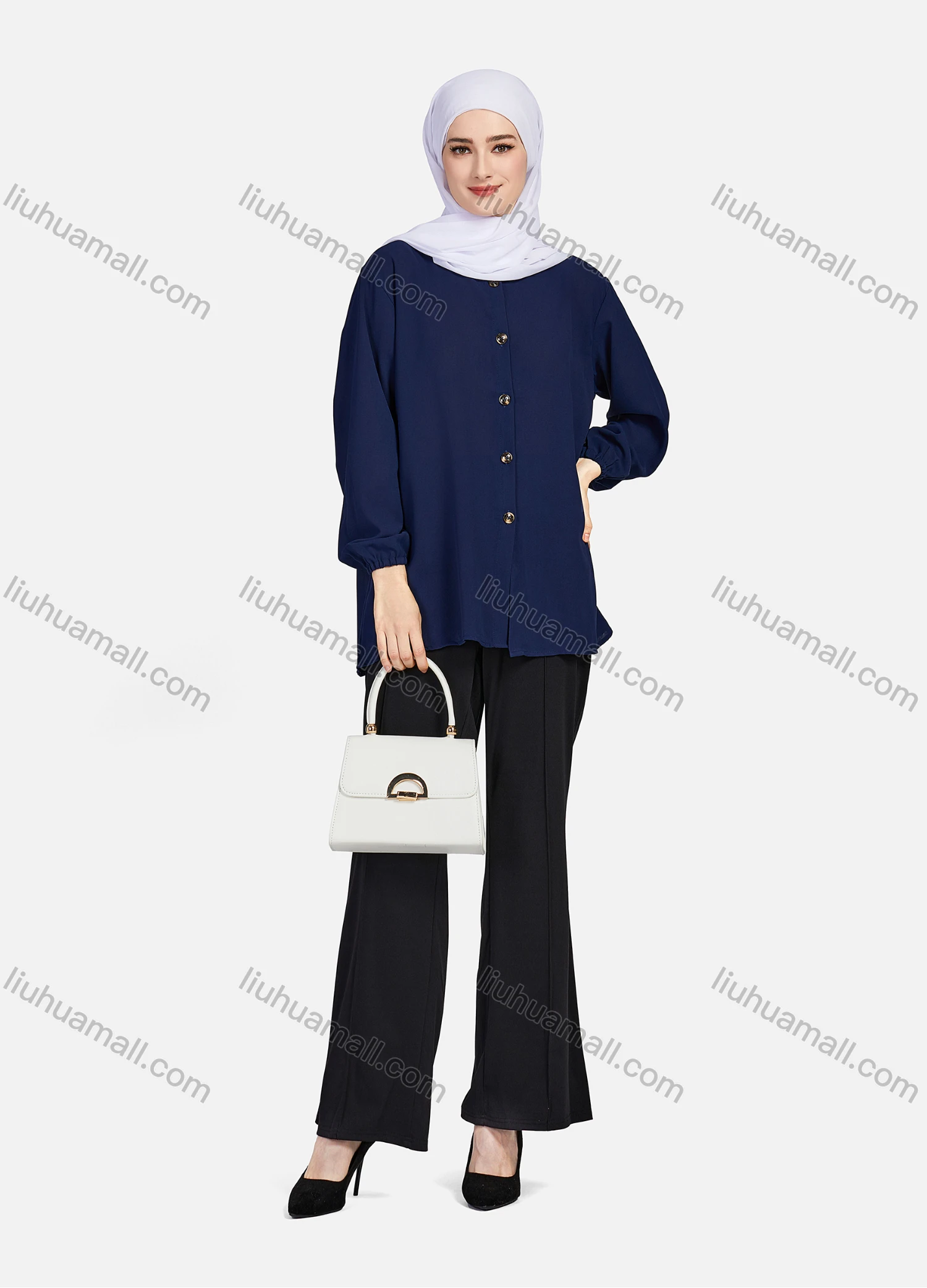 Wholesale Women's Casual Plain Crew Neck Long Sleeve High Low Hem Button Down Tunic 1401# - Liuhuamall