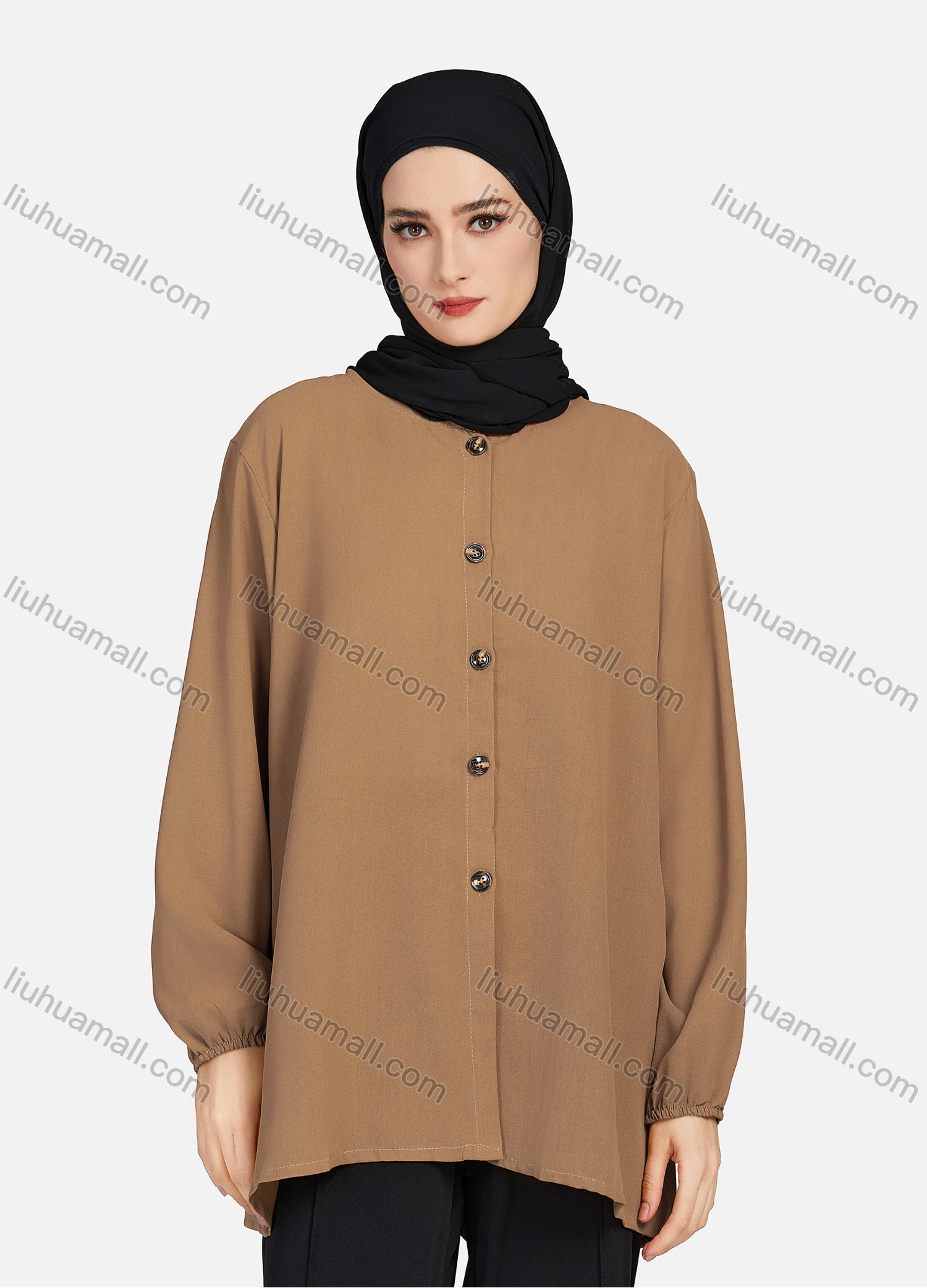 Wholesale Women's Casual Plain Crew Neck Long Sleeve High Low Hem Button Down Tunic 1401# - Liuhuamall