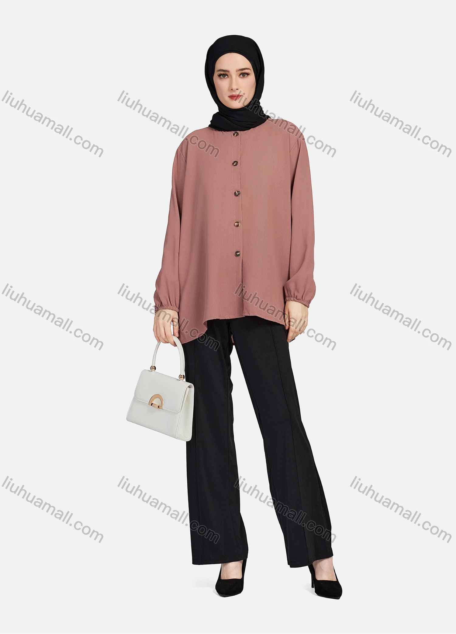 Wholesale Women's Casual Plain Crew Neck Long Sleeve High Low Hem Button Down Tunic 1401# - Liuhuamall