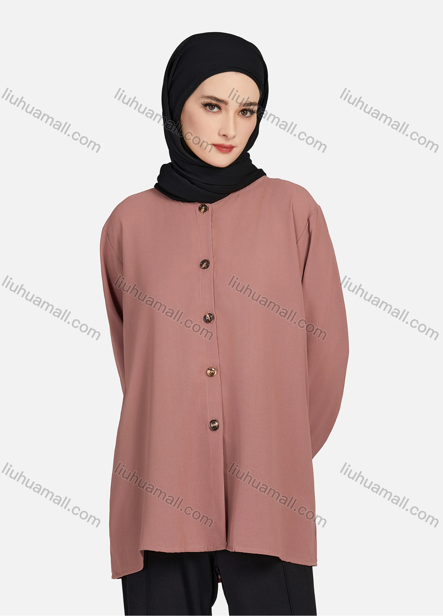 Wholesale Women's Casual Plain Crew Neck Long Sleeve High Low Hem Button Down Tunic 1401# - Liuhuamall