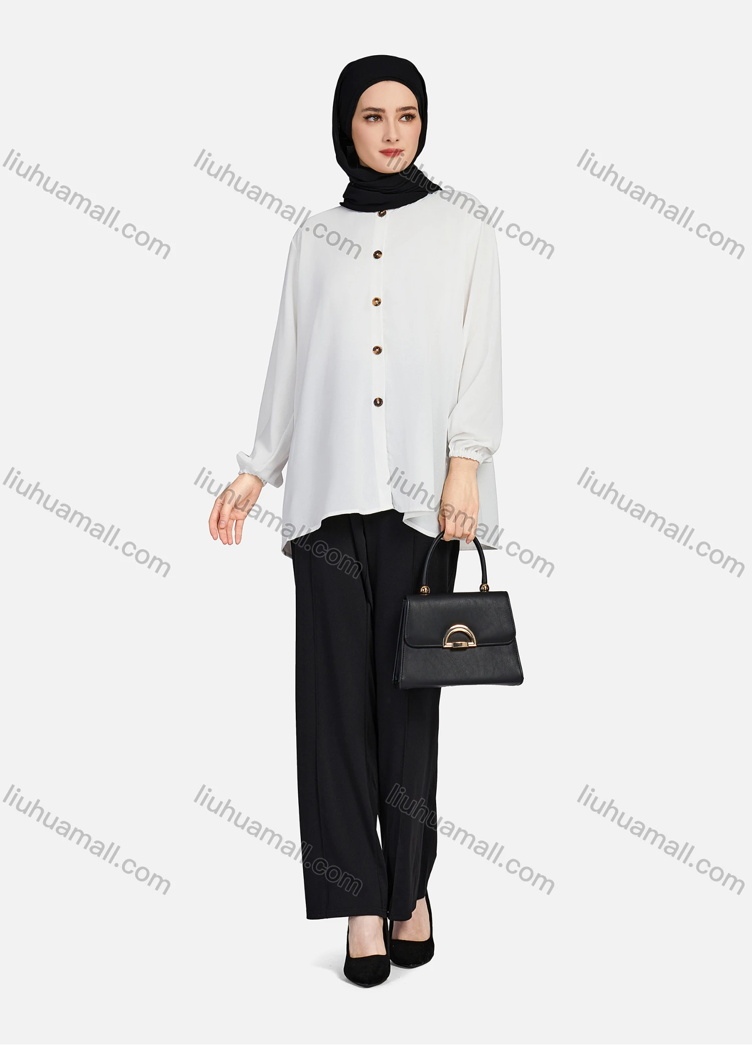 Wholesale Women's Casual Plain Crew Neck Long Sleeve High Low Hem Button Down Tunic 1401# - Liuhuamall