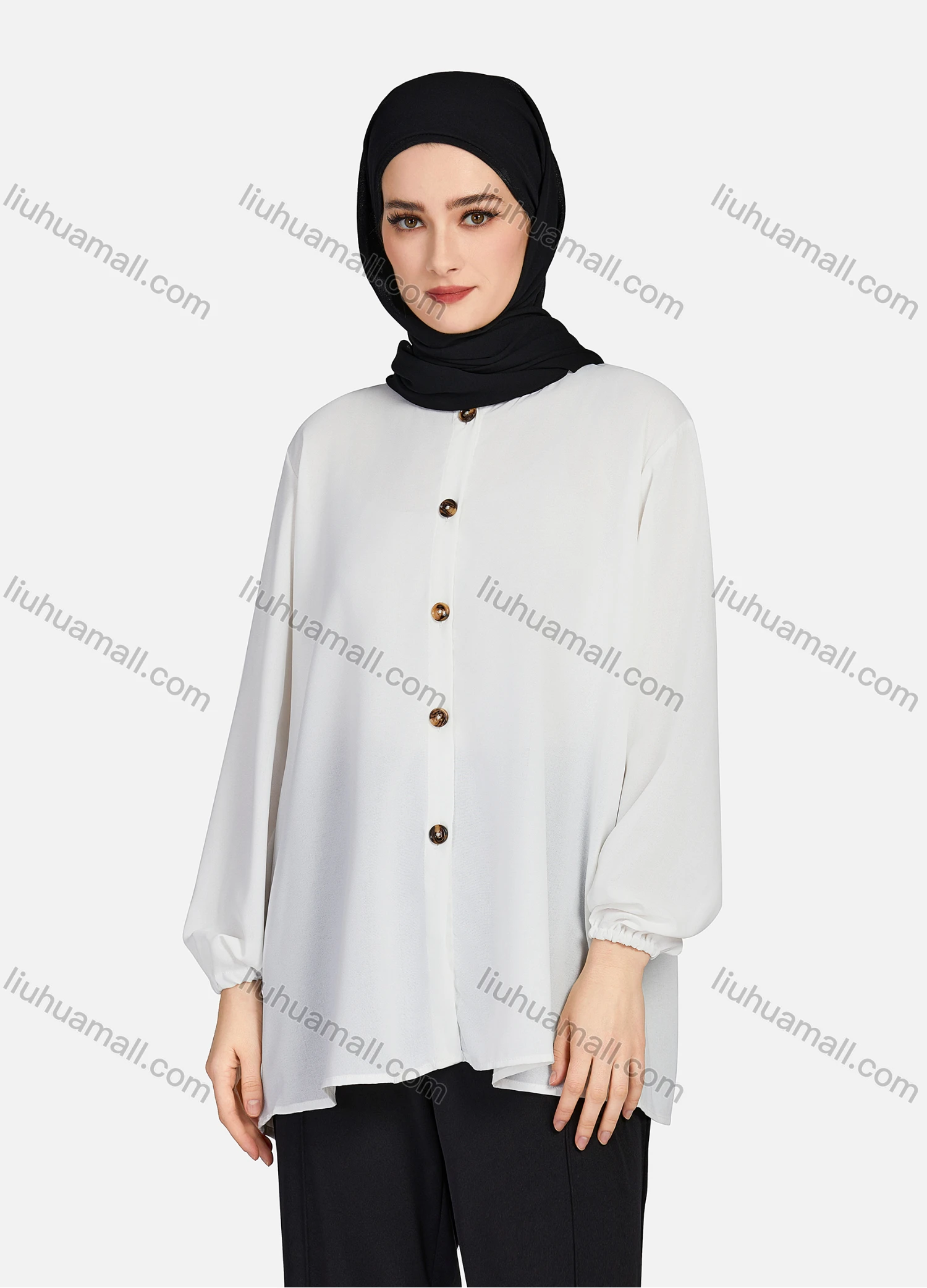 Wholesale Women's Casual Plain Crew Neck Long Sleeve High Low Hem Button Down Tunic 1401# - Liuhuamall