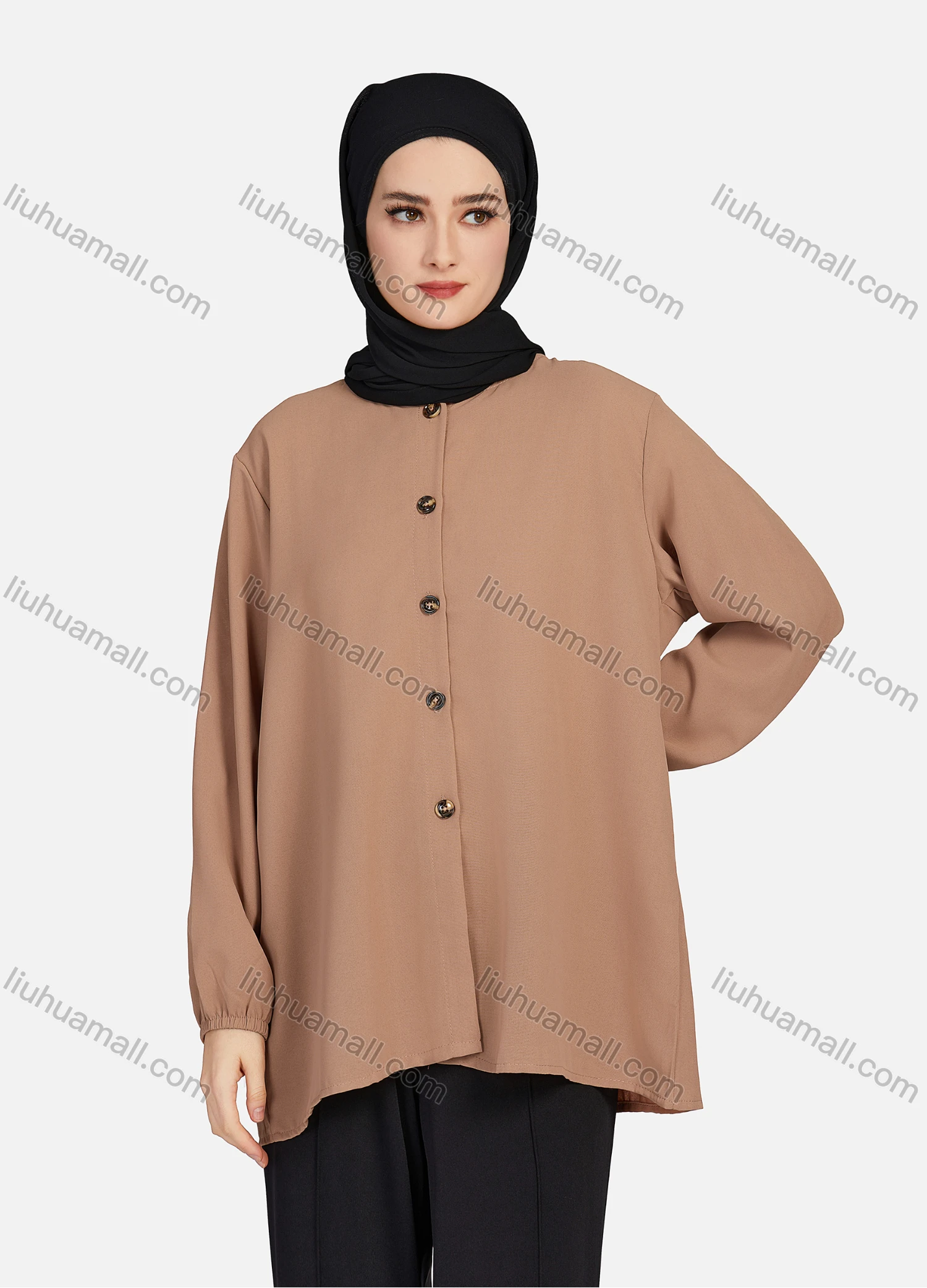 Wholesale Women's Casual Plain Crew Neck Long Sleeve High Low Hem Button Down Tunic 1401# - Liuhuamall