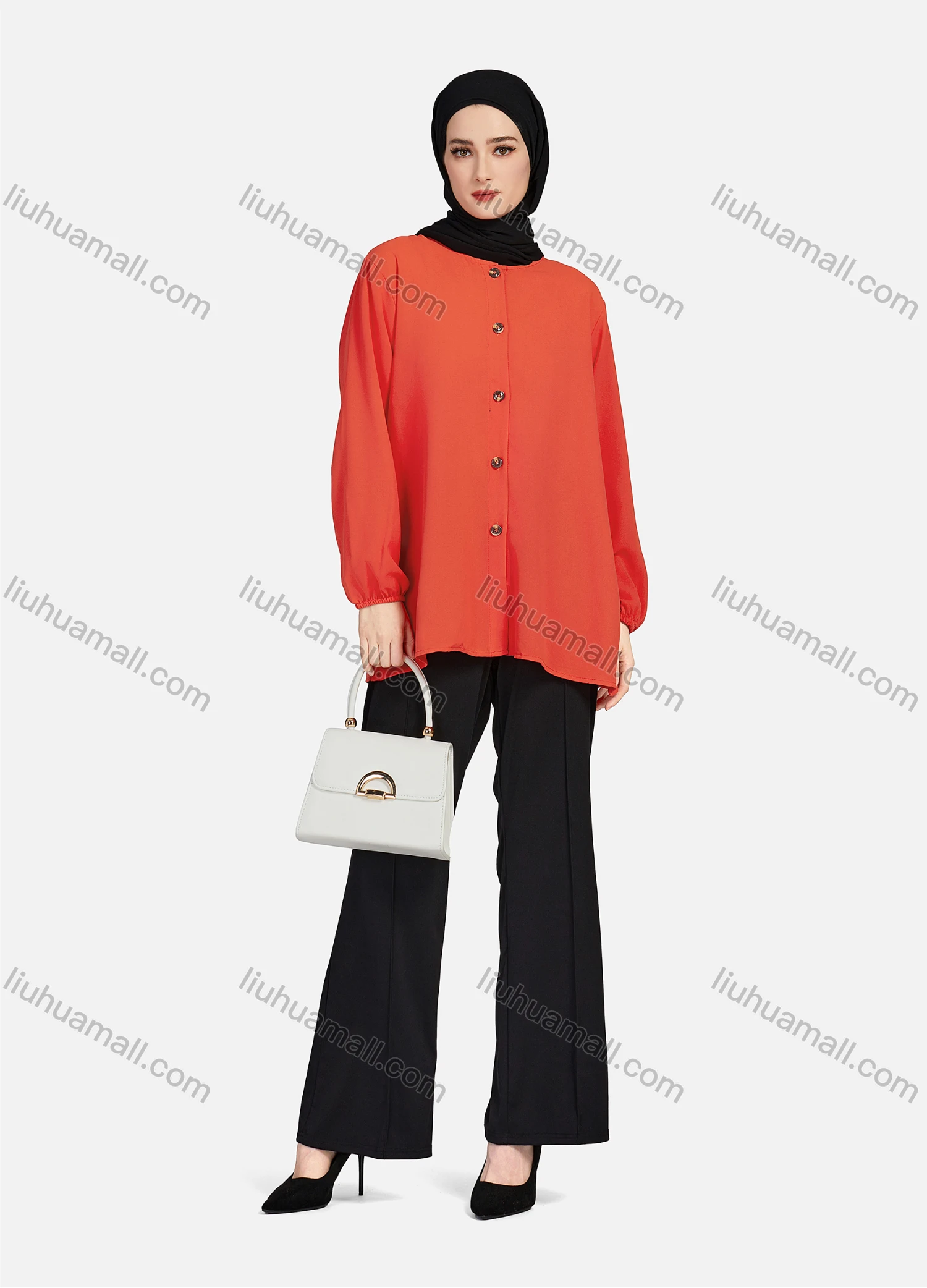 Wholesale Women's Casual Plain Crew Neck Long Sleeve High Low Hem Button Down Tunic 1401# - Liuhuamall