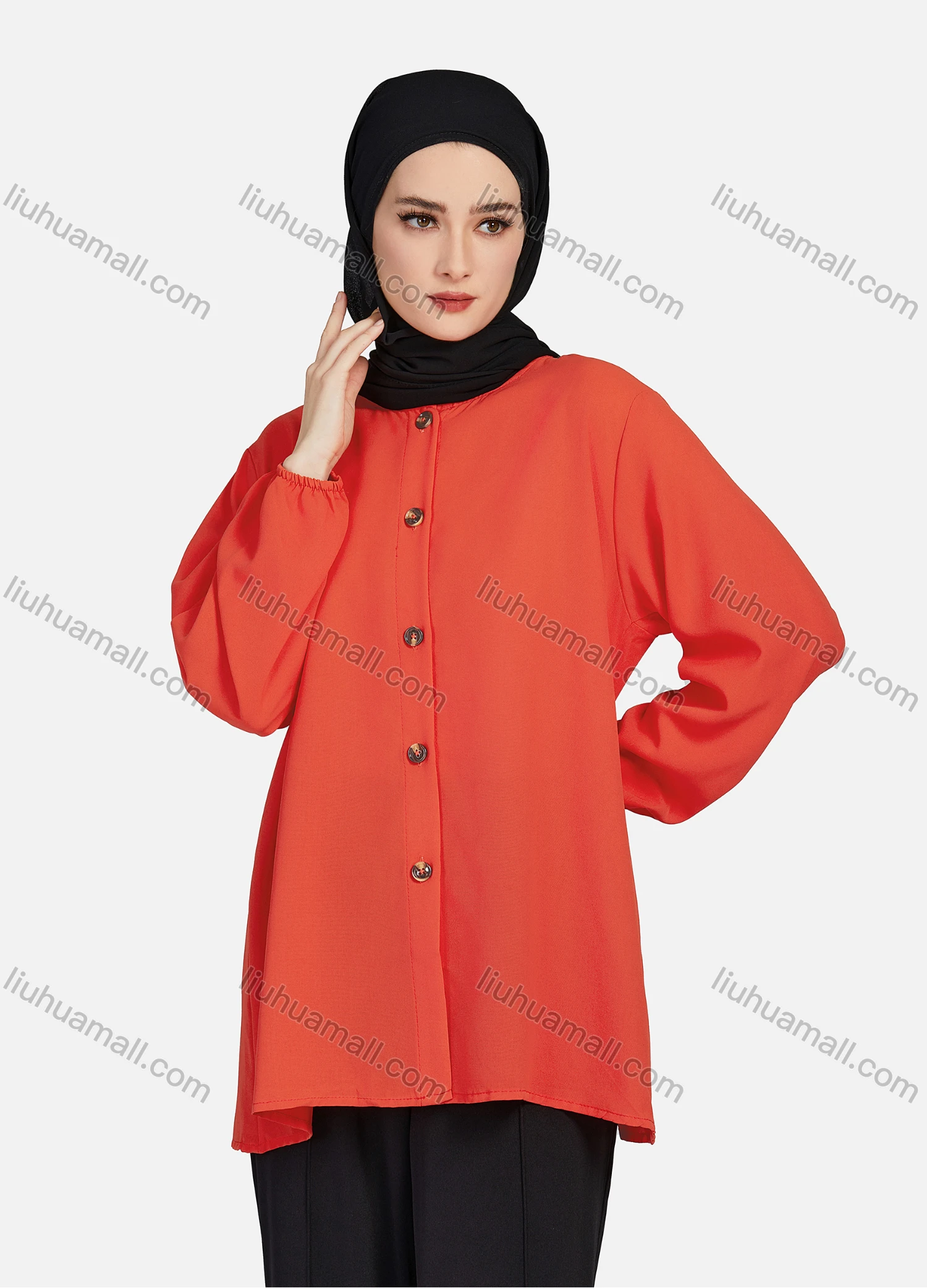 Wholesale Women's Casual Plain Crew Neck Long Sleeve High Low Hem Button Down Tunic 1401# - Liuhuamall