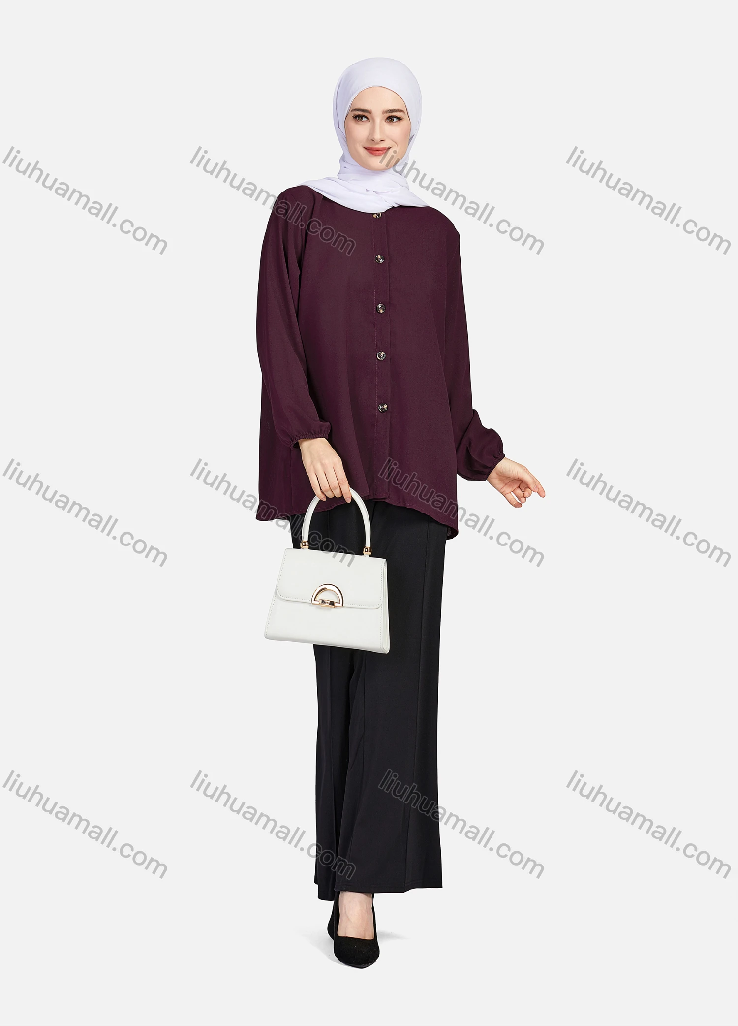 Wholesale Women's Casual Plain Crew Neck Long Sleeve High Low Hem Button Down Tunic 1401# - Liuhuamall