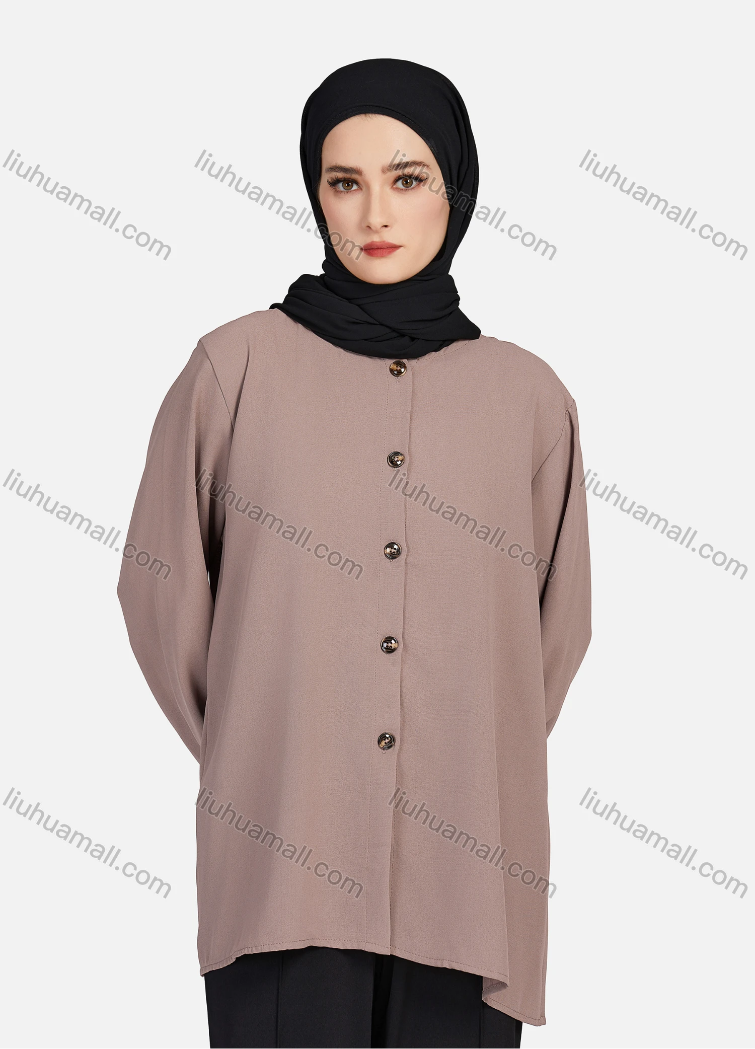 Wholesale Women's Casual Plain Crew Neck Long Sleeve High Low Hem Button Down Tunic 1401# - Liuhuamall