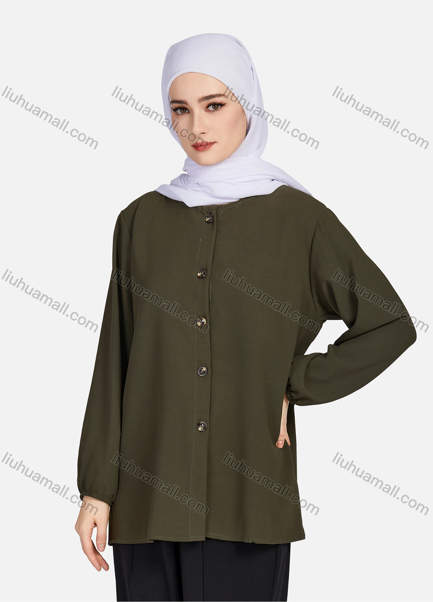 Wholesale Women's Casual Plain Crew Neck Long Sleeve High Low Hem Button Down Tunic 1401# - Liuhuamall