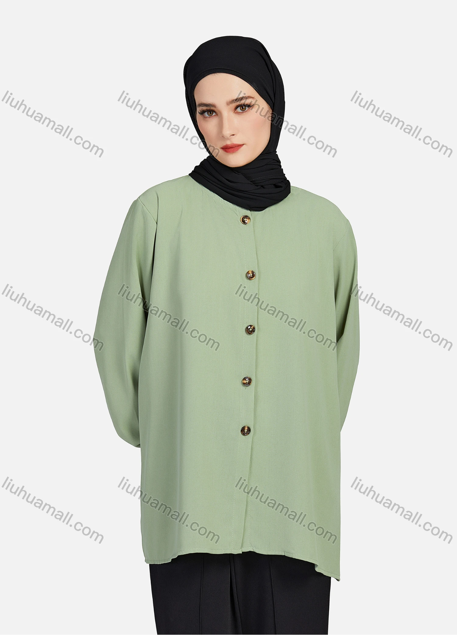 Wholesale Women's Casual Plain Crew Neck Long Sleeve High Low Hem Button Down Tunic 1401# - Liuhuamall