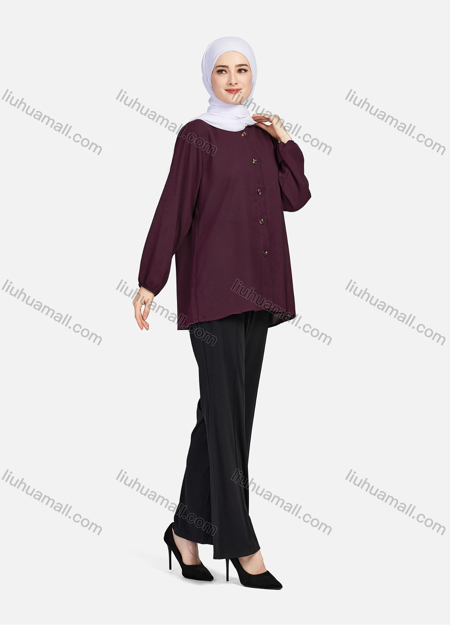 Wholesale Women's Casual Plain Crew Neck Long Sleeve High Low Hem Button Down Tunic 1401# - Liuhuamall