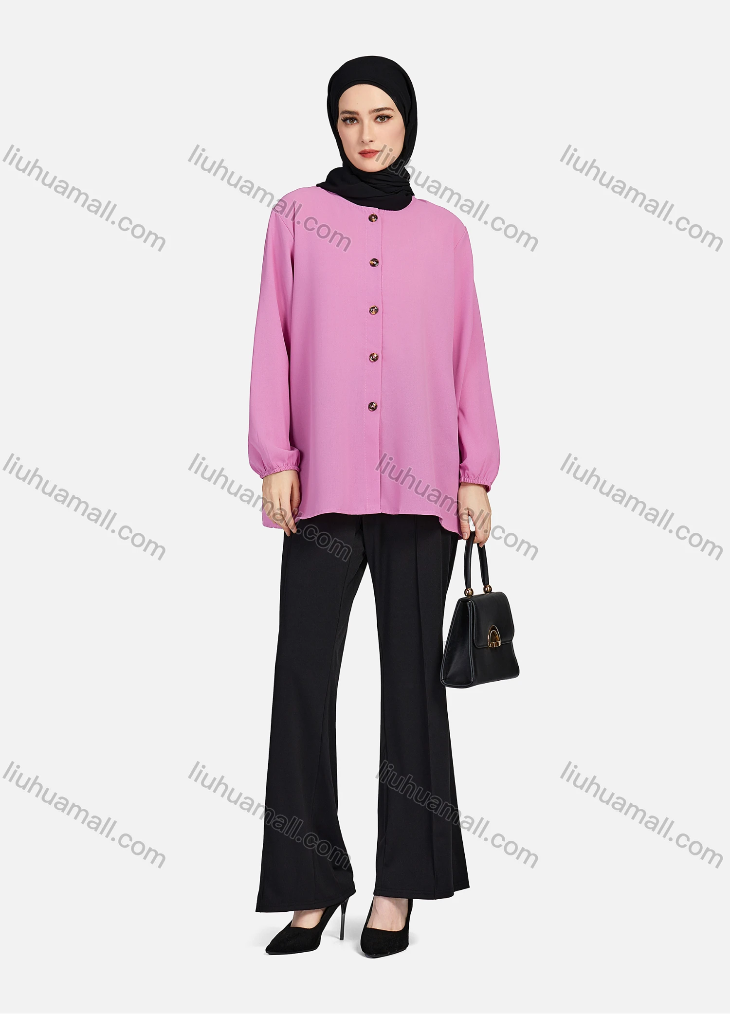 Wholesale Women's Casual Plain Crew Neck Long Sleeve High Low Hem Button Down Tunic 1401# - Liuhuamall