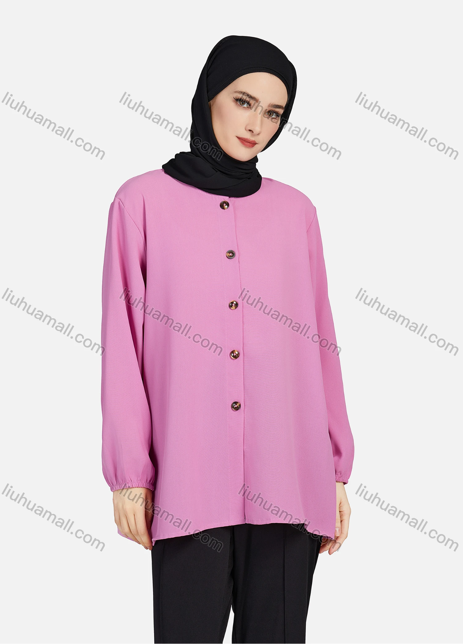 Wholesale Women's Casual Plain Crew Neck Long Sleeve High Low Hem Button Down Tunic 1401# - Liuhuamall