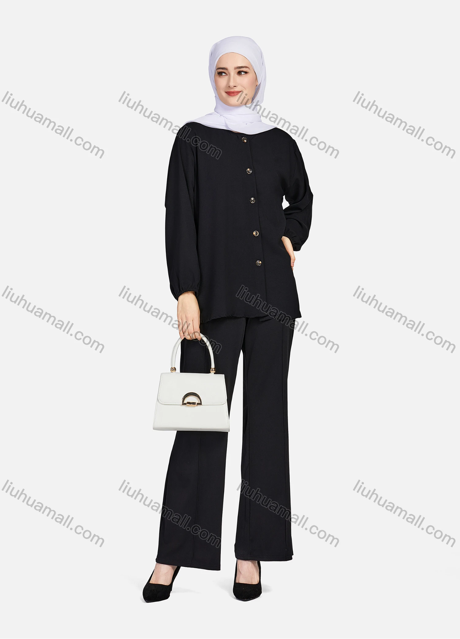 Wholesale Women's Casual Plain Crew Neck Long Sleeve High Low Hem Button Down Tunic 1401# - Liuhuamall