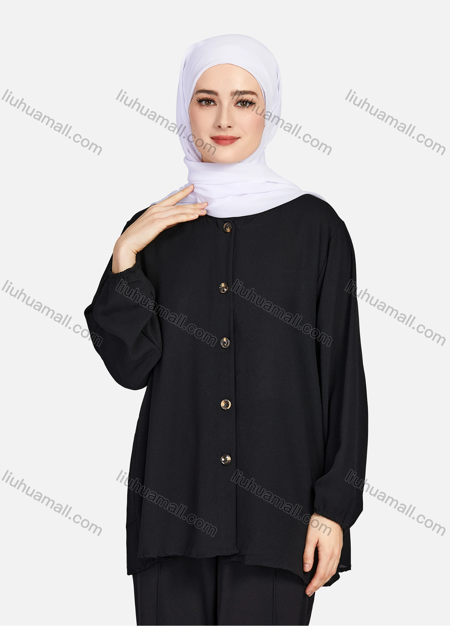 Wholesale Women's Casual Plain Crew Neck Long Sleeve High Low Hem Button Down Tunic 1401# - Liuhuamall