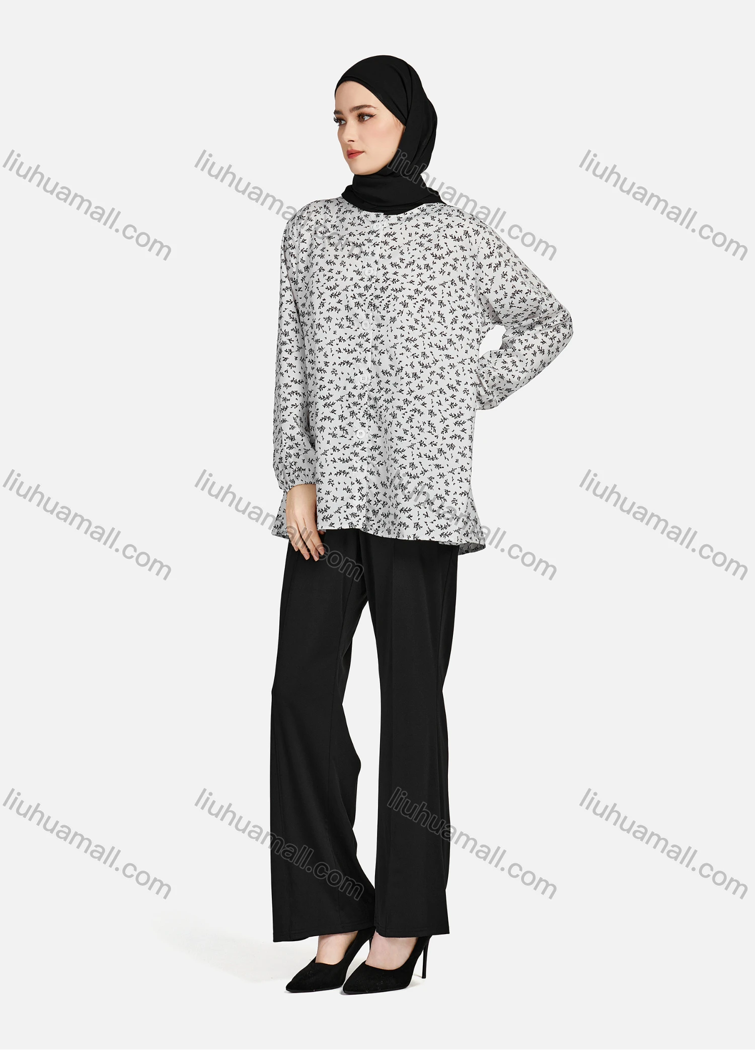Wholesale Women's Casual Allover Print Crew Neck Long Sleeve High Low Hem Button Down Top 1402# - Liuhuamall