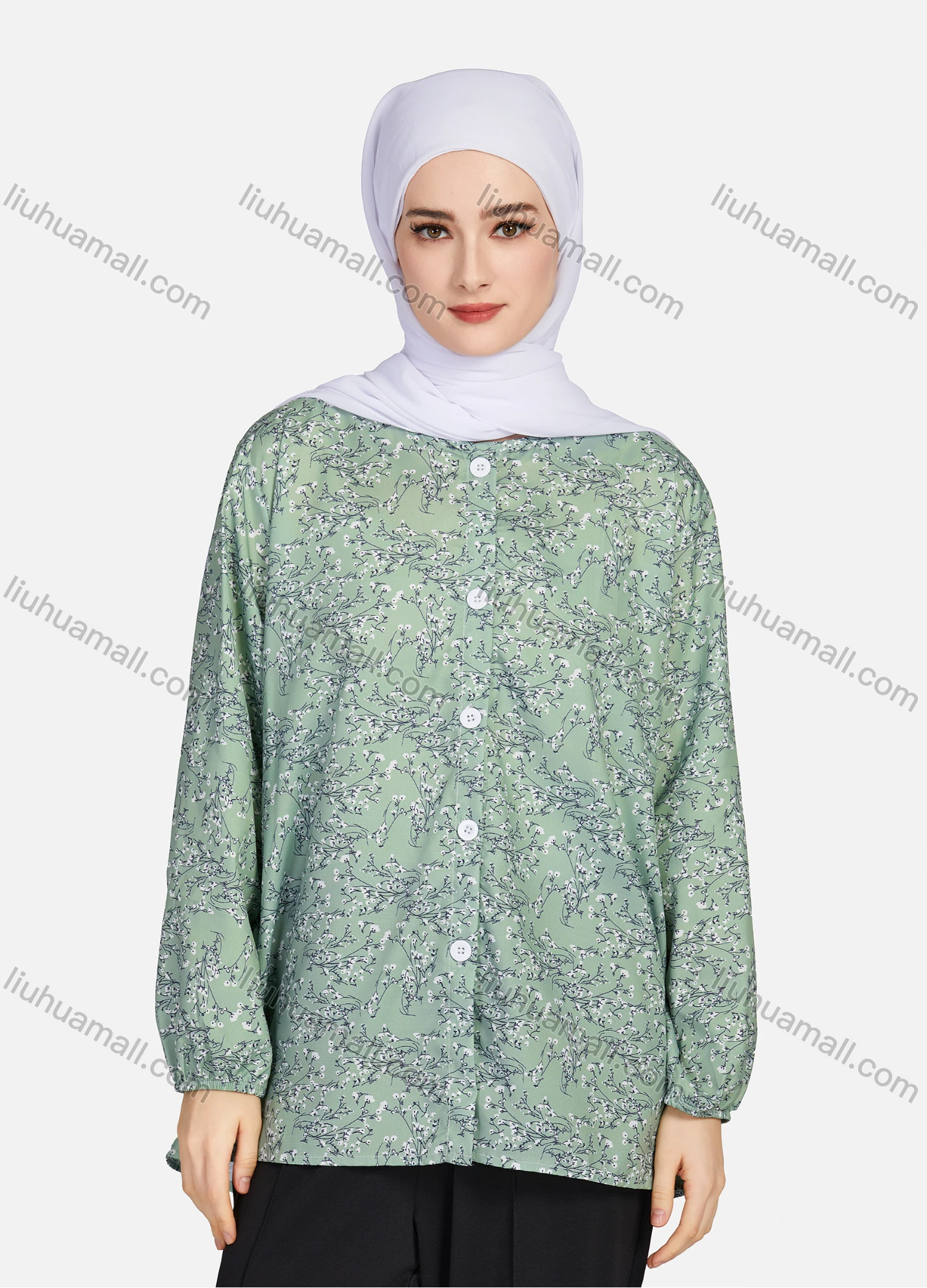 Wholesale Women's Casual Allover Print Crew Neck Long Sleeve High Low Hem Button Down Top 1402# - Liuhuamall