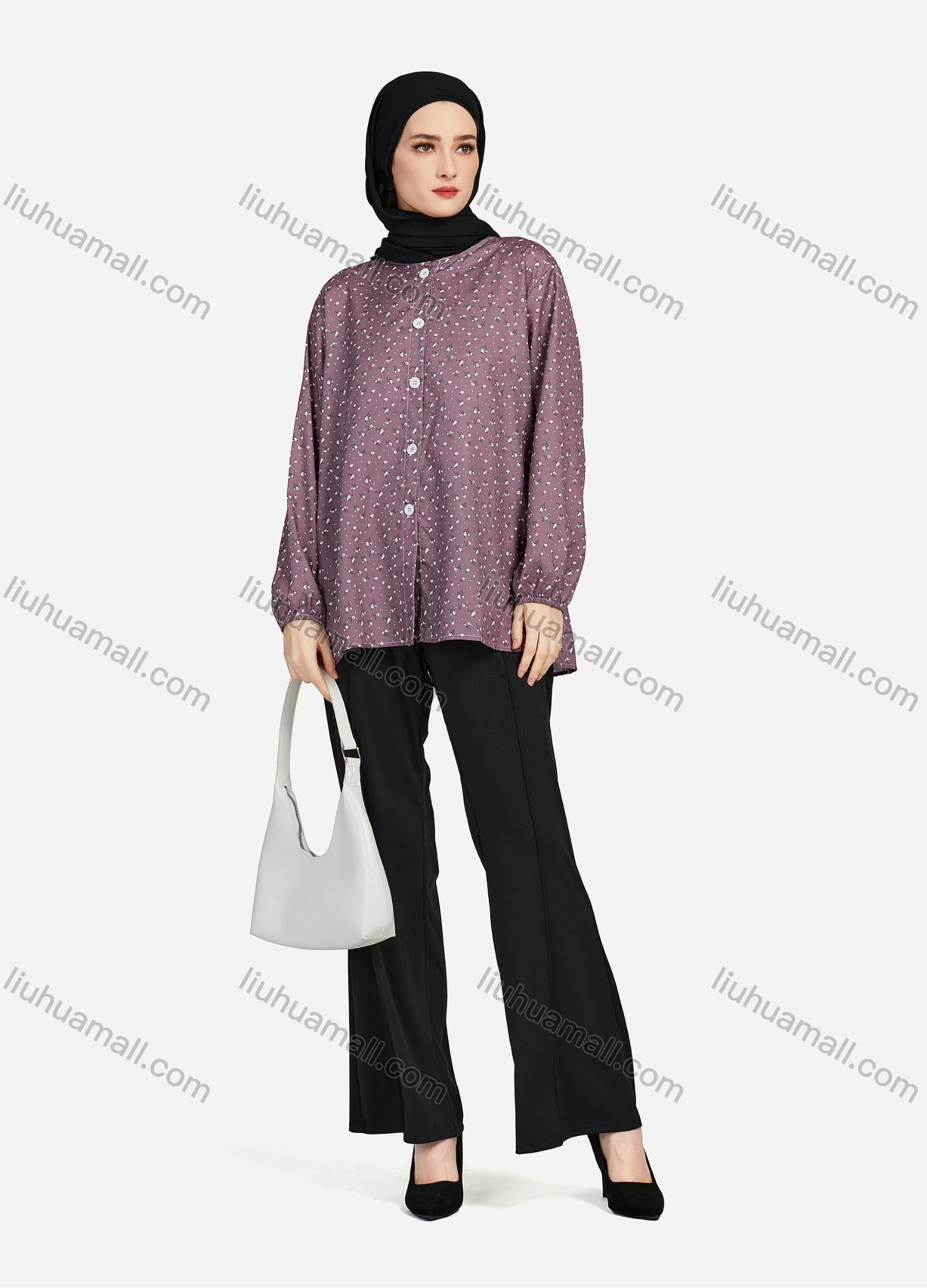 Wholesale Women's Casual Allover Print Crew Neck Long Sleeve High Low Hem Button Down Top 1402# - Liuhuamall
