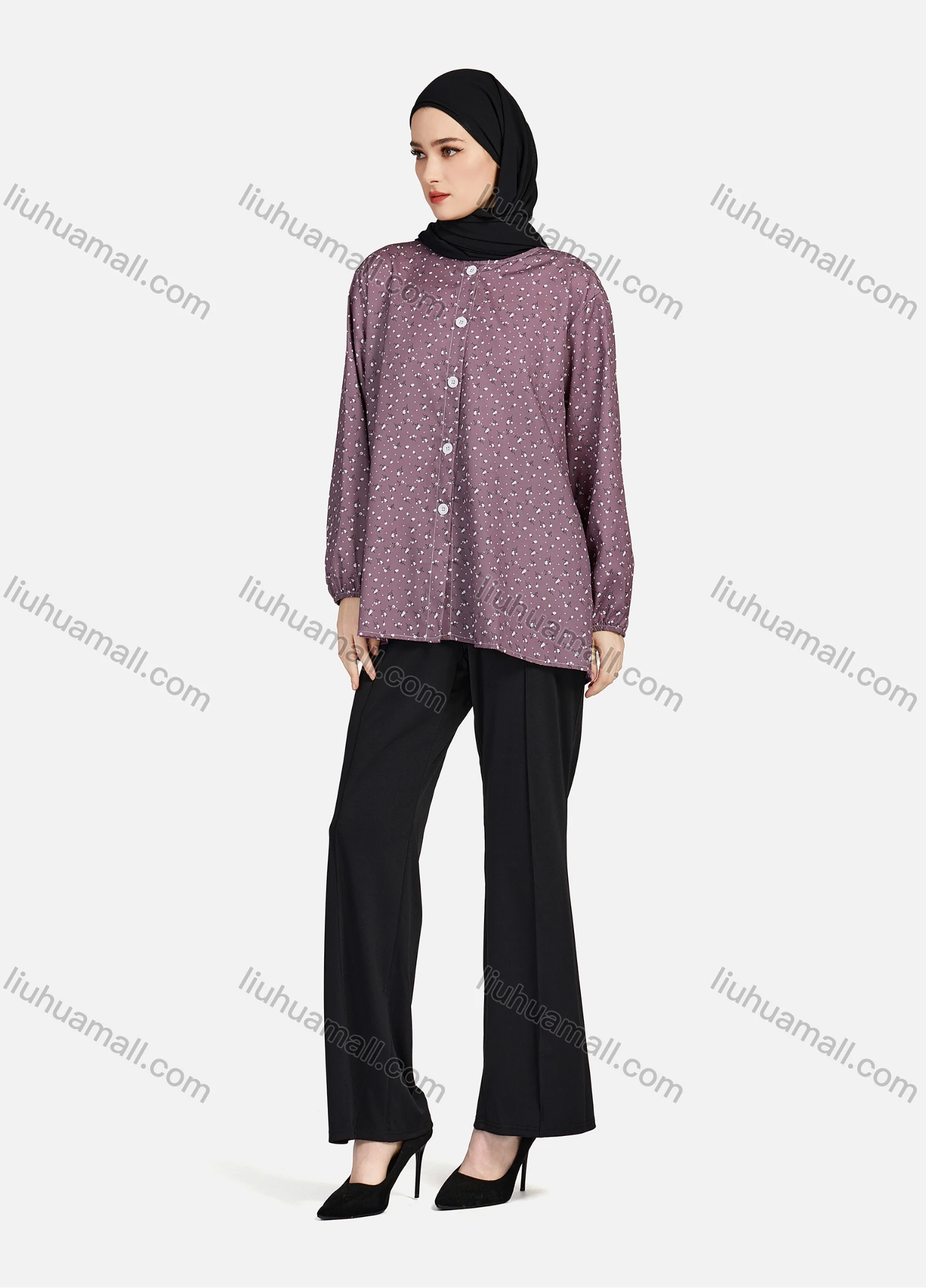 Wholesale Women's Casual Allover Print Crew Neck Long Sleeve High Low Hem Button Down Top 1402# - Liuhuamall