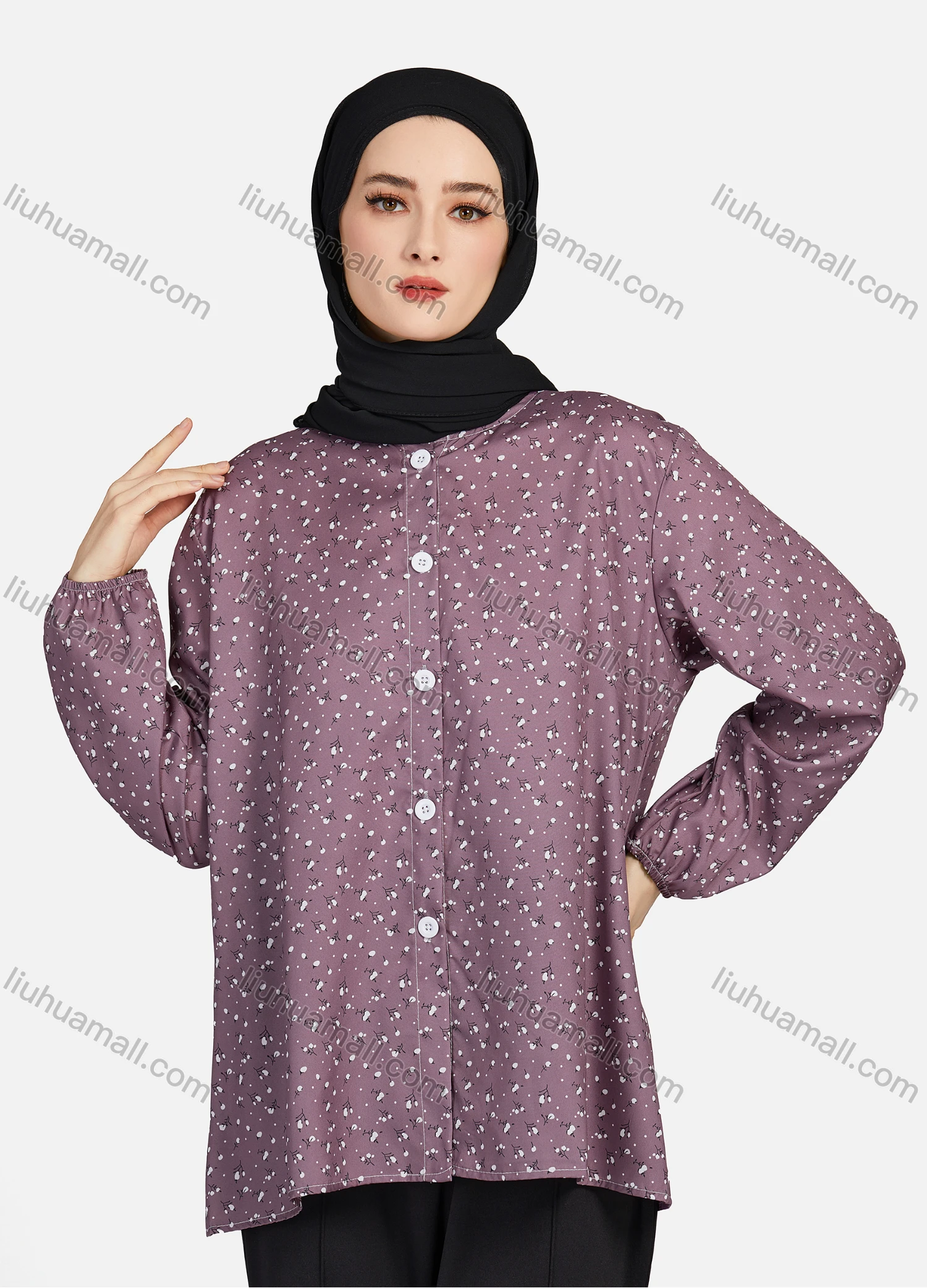 Wholesale Women's Casual Allover Print Crew Neck Long Sleeve High Low Hem Button Down Top 1402# - Liuhuamall