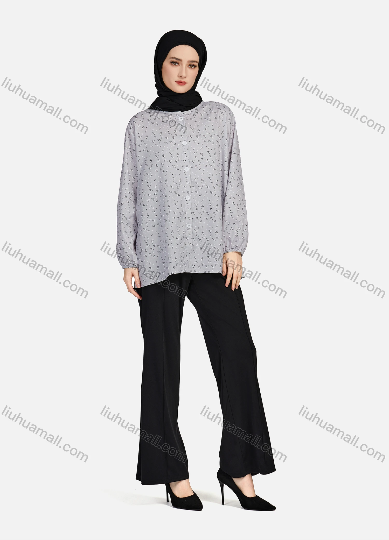 Wholesale Women's Casual Allover Print Crew Neck Long Sleeve High Low Hem Button Down Top 1402# - Liuhuamall