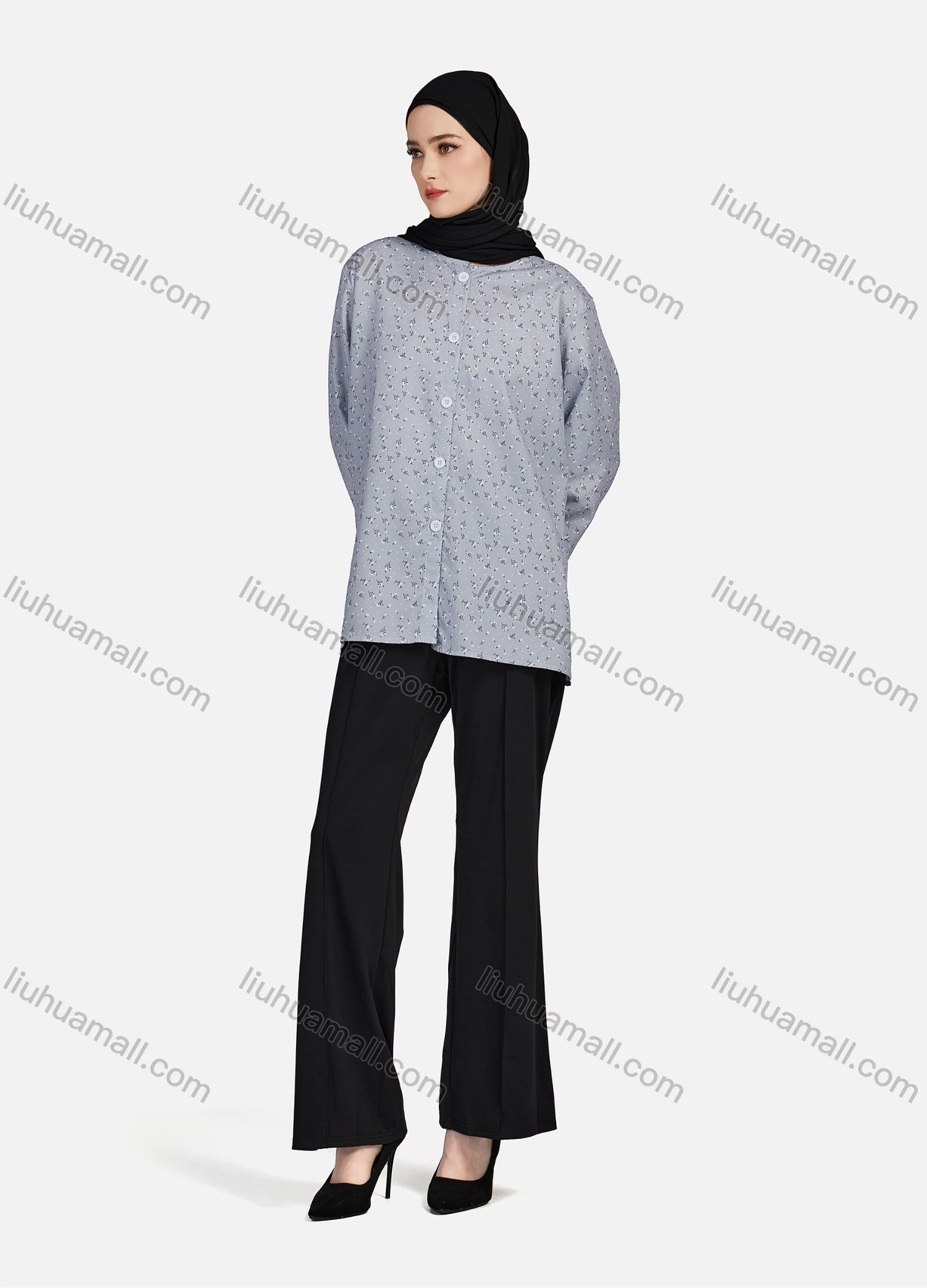 Wholesale Women's Casual Allover Print Crew Neck Long Sleeve High Low Hem Button Down Top 1402# - Liuhuamall