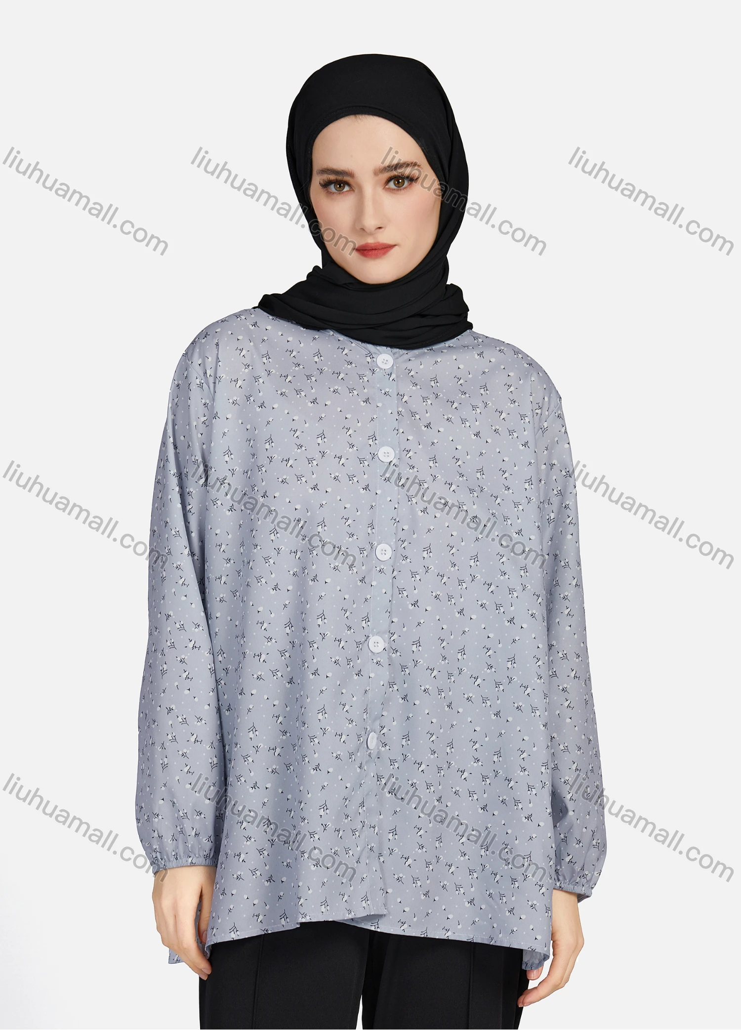 Wholesale Women's Casual Allover Print Crew Neck Long Sleeve High Low Hem Button Down Top 1402# - Liuhuamall