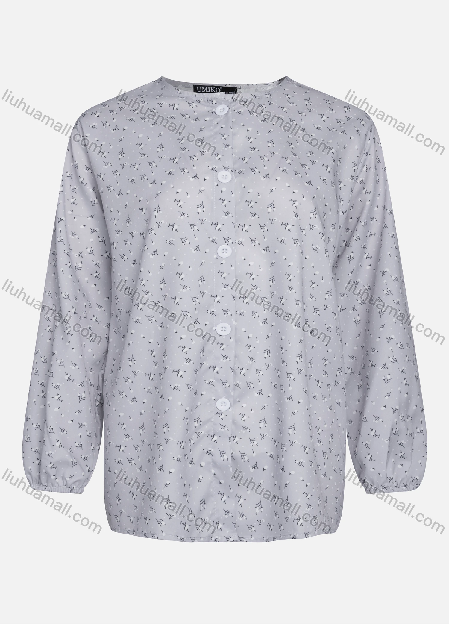 Wholesale Women's Casual Allover Print Crew Neck Long Sleeve High Low Hem Button Down Top 1402# - Liuhuamall