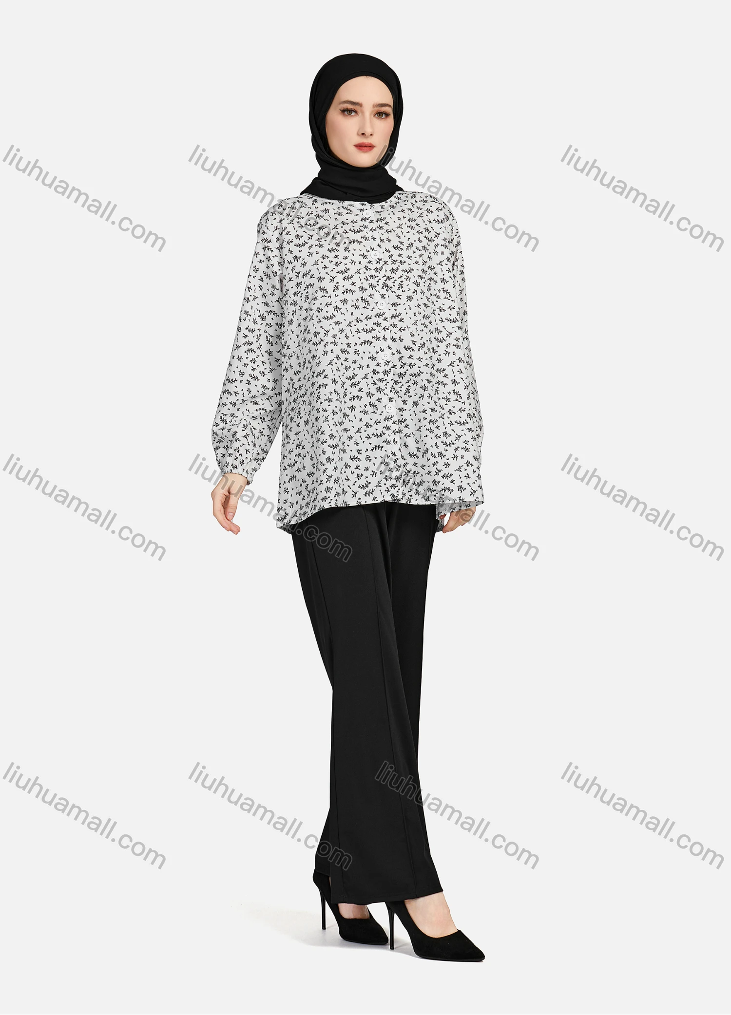 Wholesale Women's Casual Allover Print Crew Neck Long Sleeve High Low Hem Button Down Top 1402# - Liuhuamall