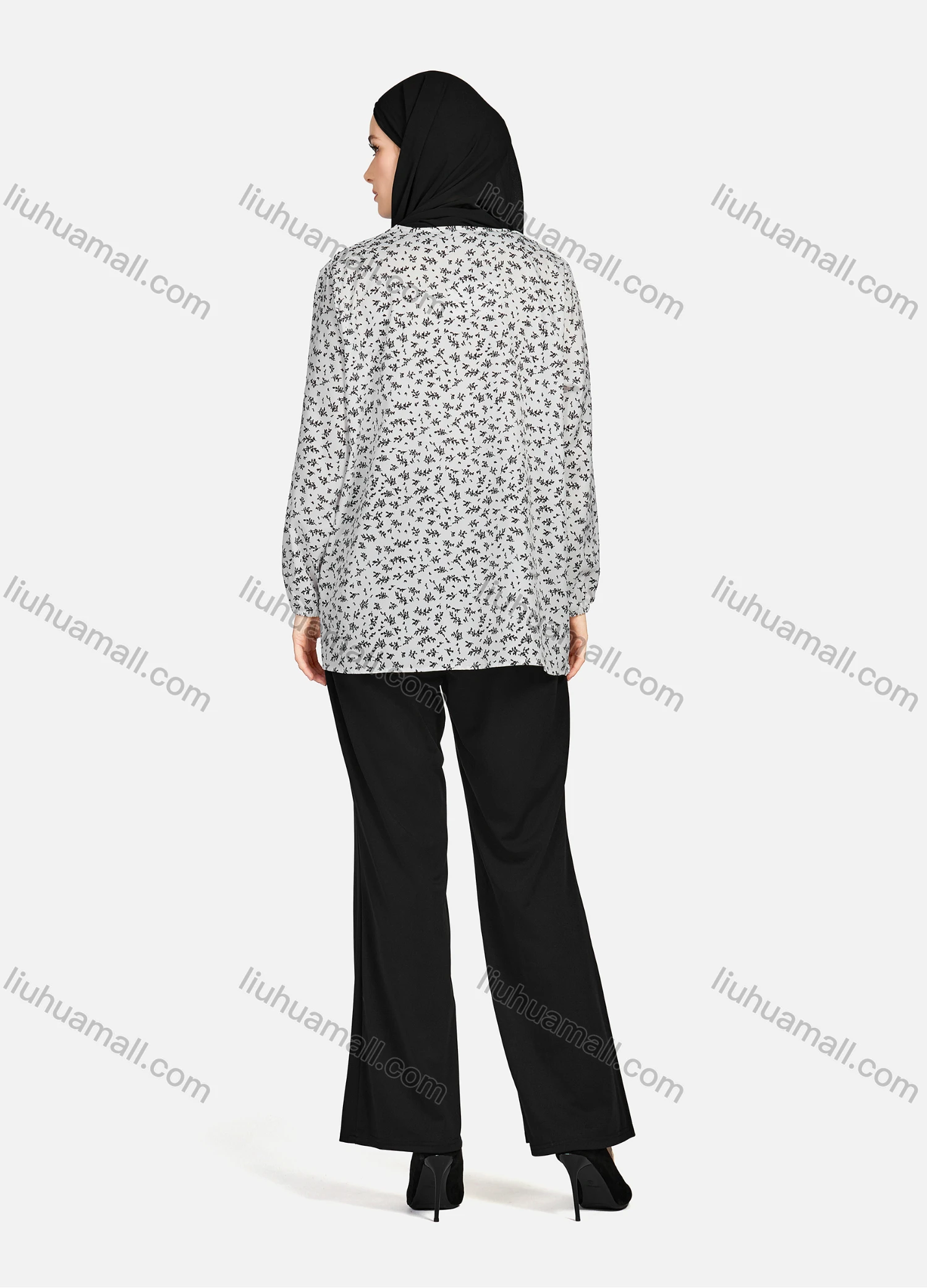 Wholesale Women's Casual Allover Print Crew Neck Long Sleeve High Low Hem Button Down Top 1402# - Liuhuamall