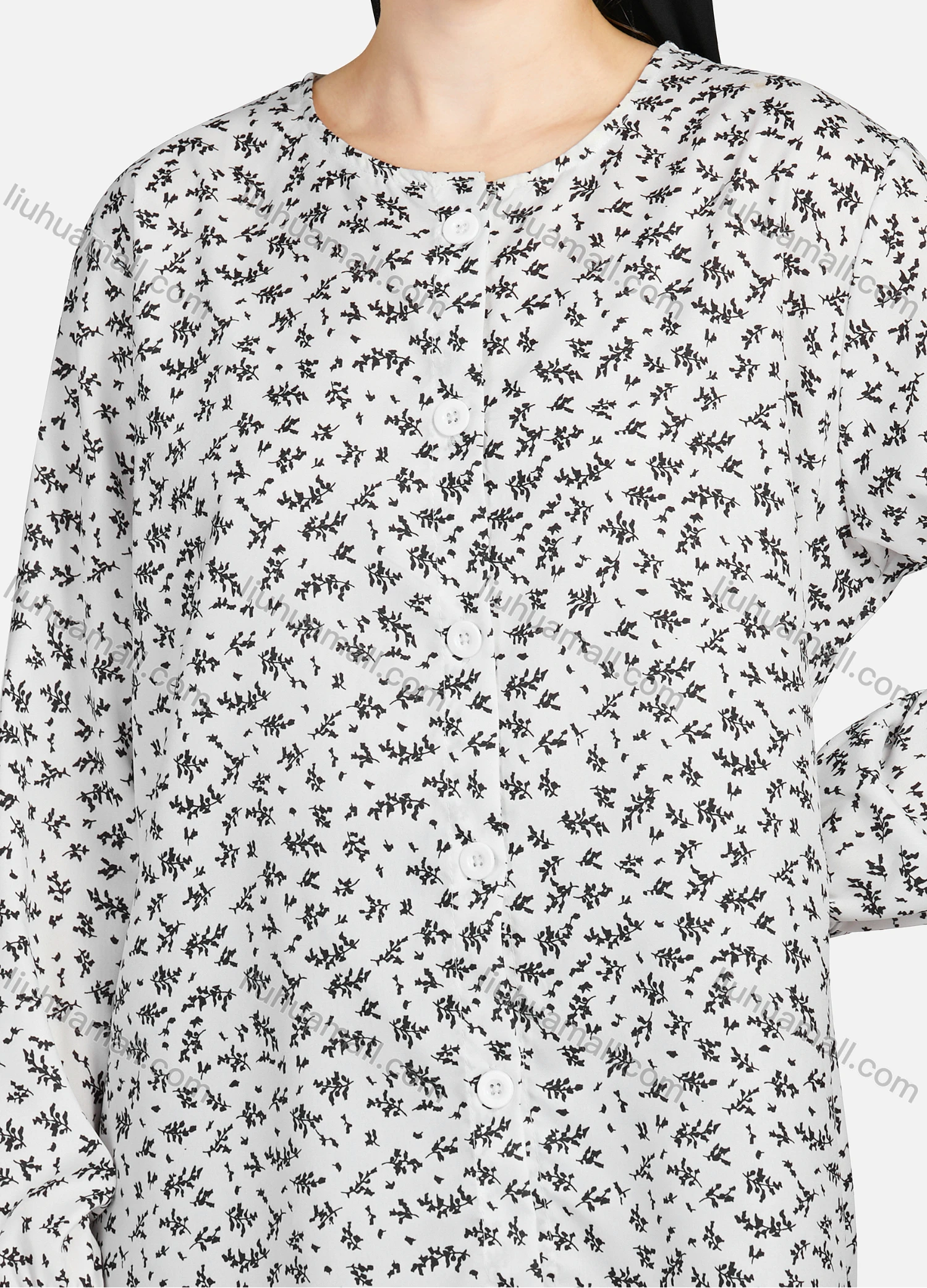 Wholesale Women's Casual Allover Print Crew Neck Long Sleeve High Low Hem Button Down Top 1402# - Liuhuamall