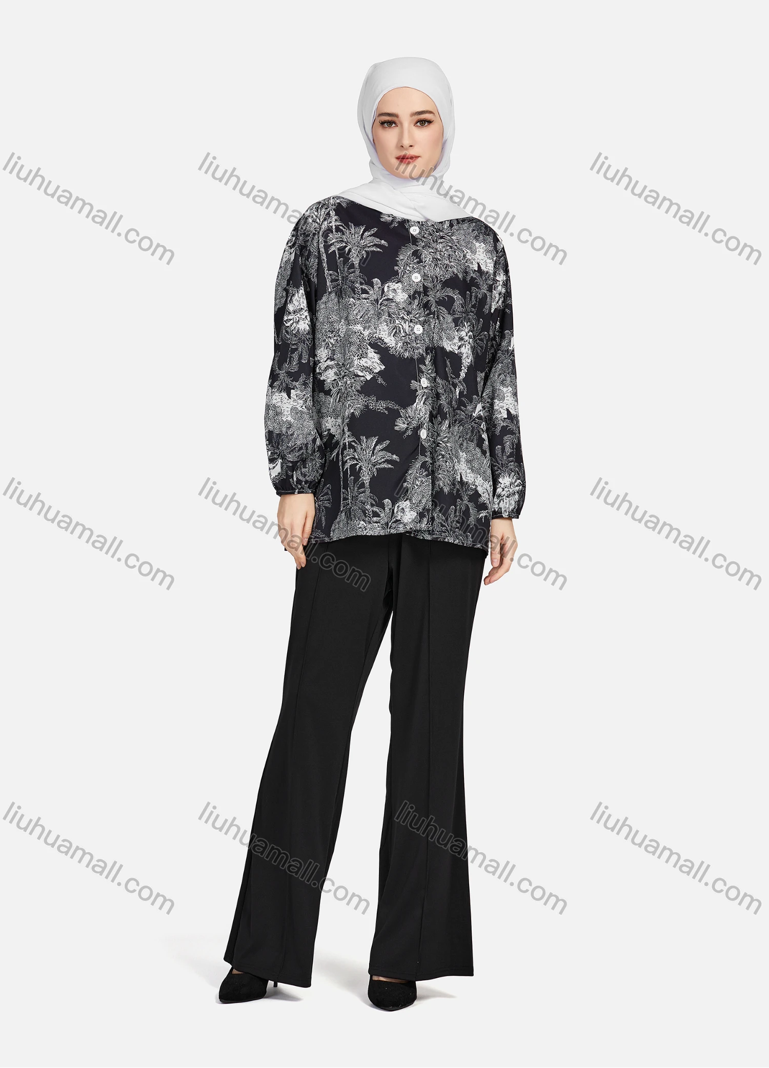 Wholesale Women's Casual Allover Tree Print Crew Neck Long Sleeve High Low Hem Button Down Top 1403# - Liuhuamall