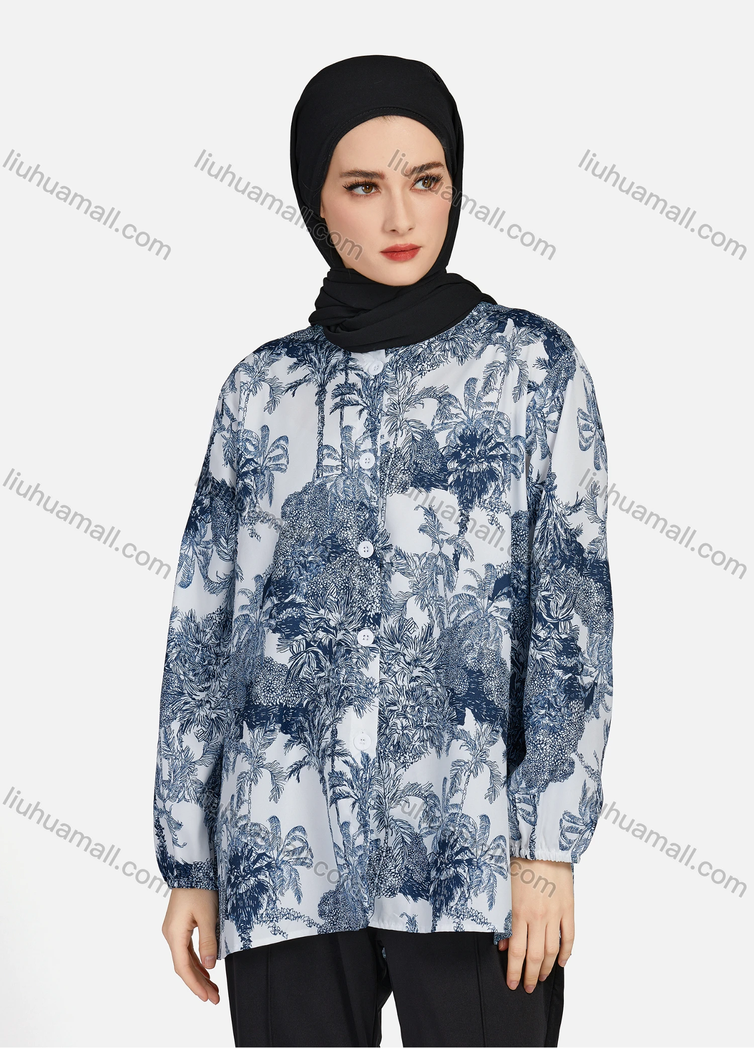 Wholesale Women's Casual Allover Tree Print Crew Neck Long Sleeve High Low Hem Button Down Top 1403# - Liuhuamall