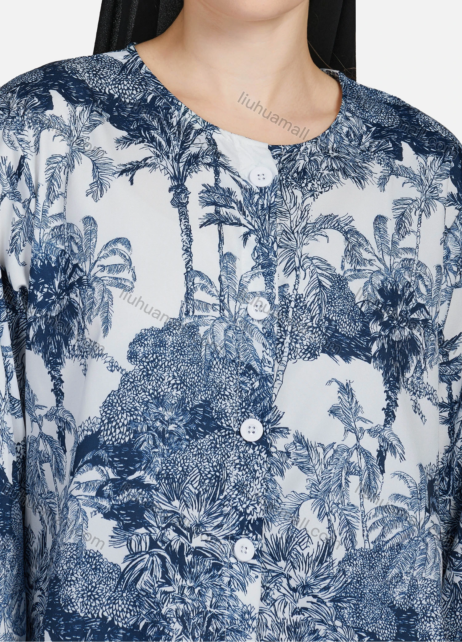 Wholesale Women's Casual Allover Tree Print Crew Neck Long Sleeve High Low Hem Button Down Top 1403# - Liuhuamall