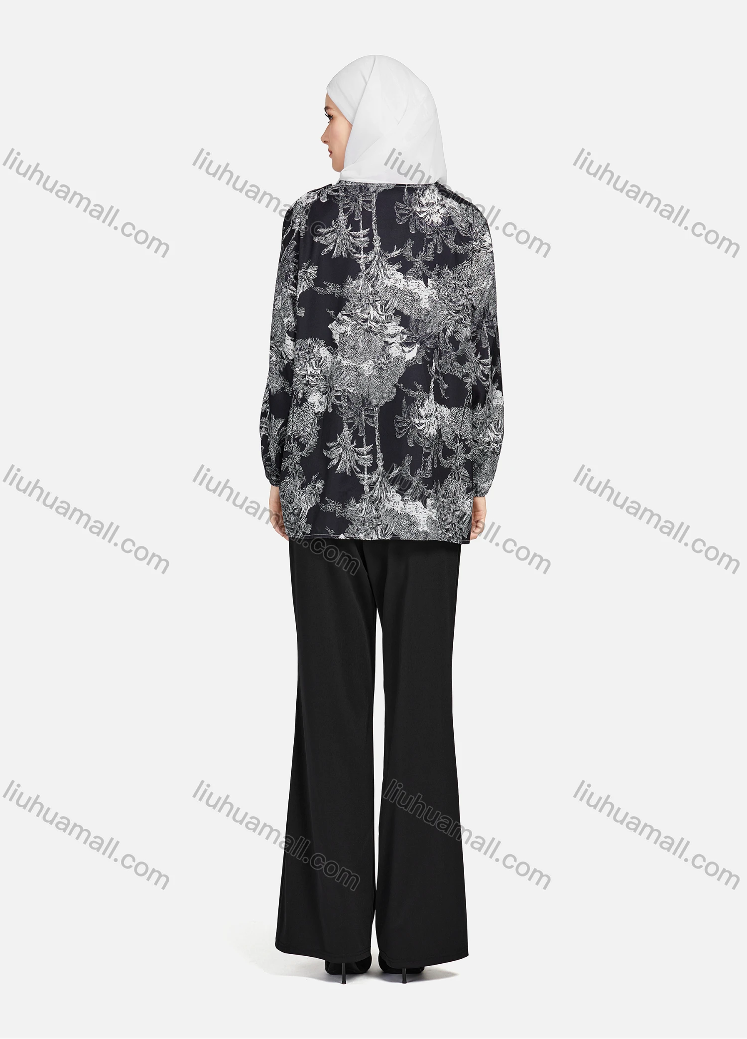 Wholesale Women's Casual Allover Tree Print Crew Neck Long Sleeve High Low Hem Button Down Top 1403# - Liuhuamall