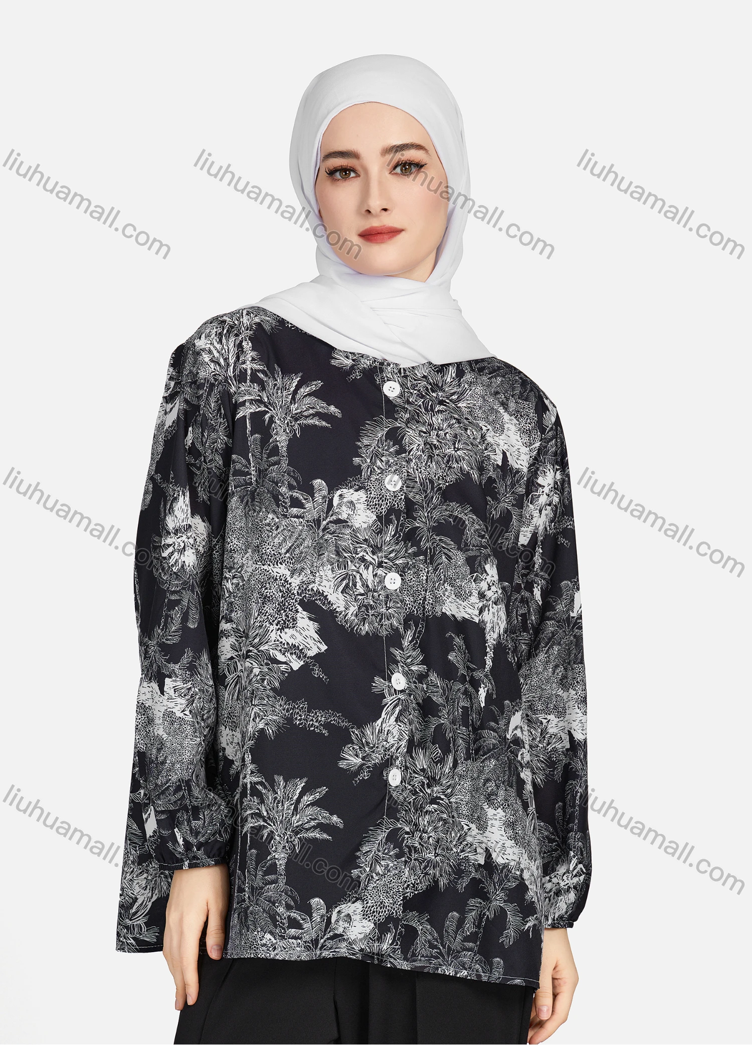 Wholesale Women's Casual Allover Tree Print Crew Neck Long Sleeve High Low Hem Button Down Top 1403# - Liuhuamall