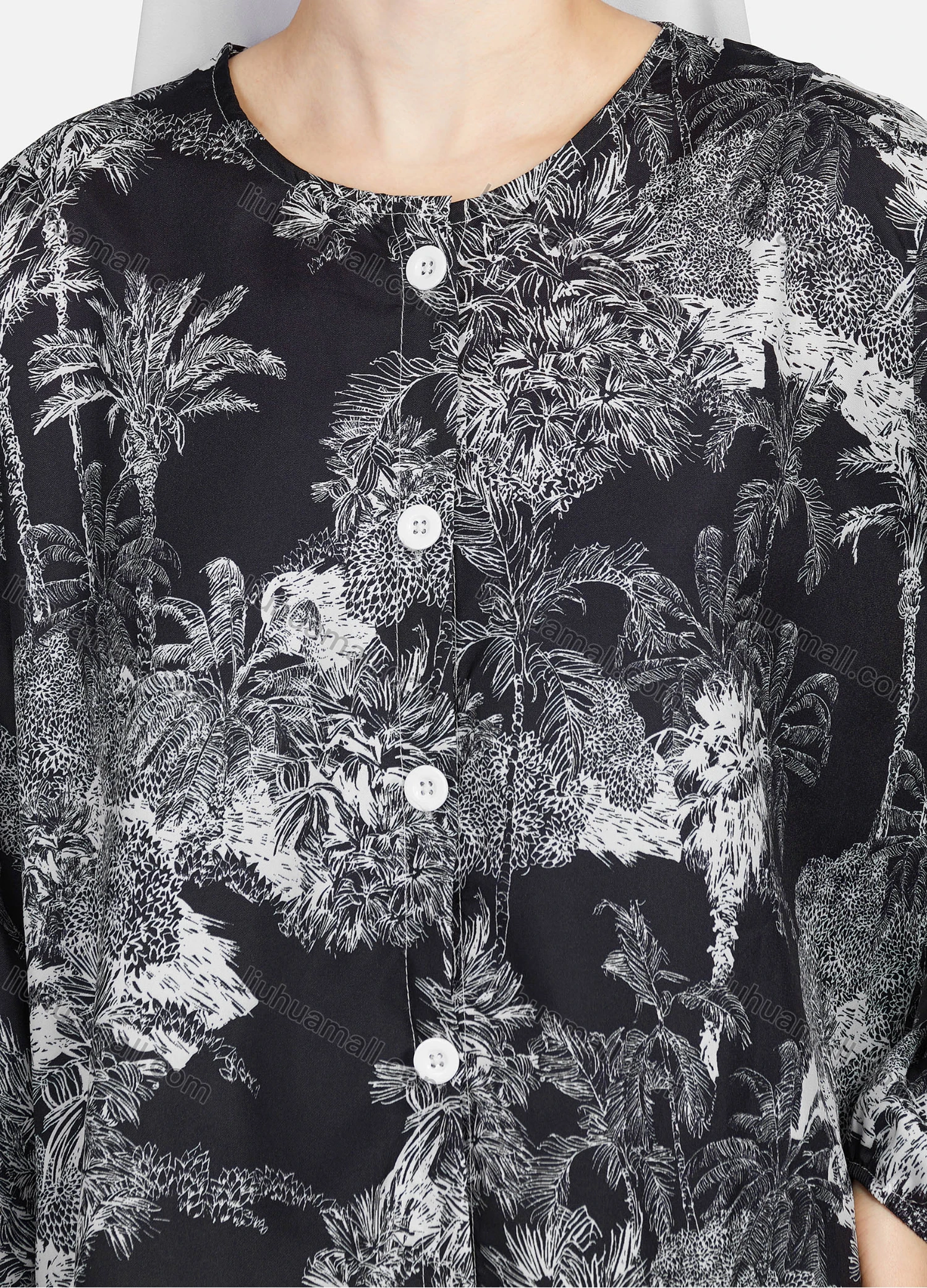 Wholesale Women's Casual Allover Tree Print Crew Neck Long Sleeve High Low Hem Button Down Top 1403# - Liuhuamall