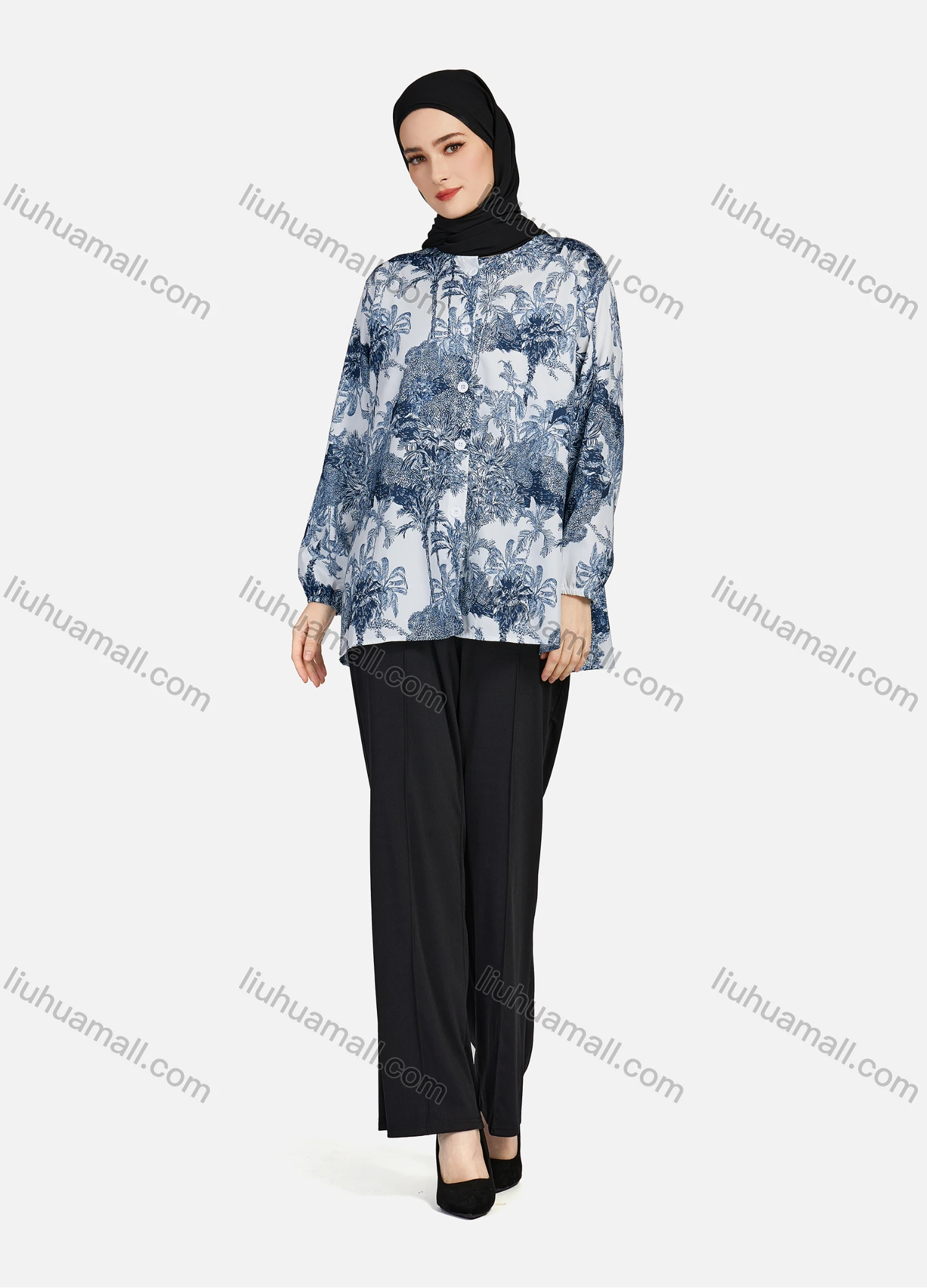 Wholesale Women's Casual Allover Tree Print Crew Neck Long Sleeve High Low Hem Button Down Top 1403# - Liuhuamall