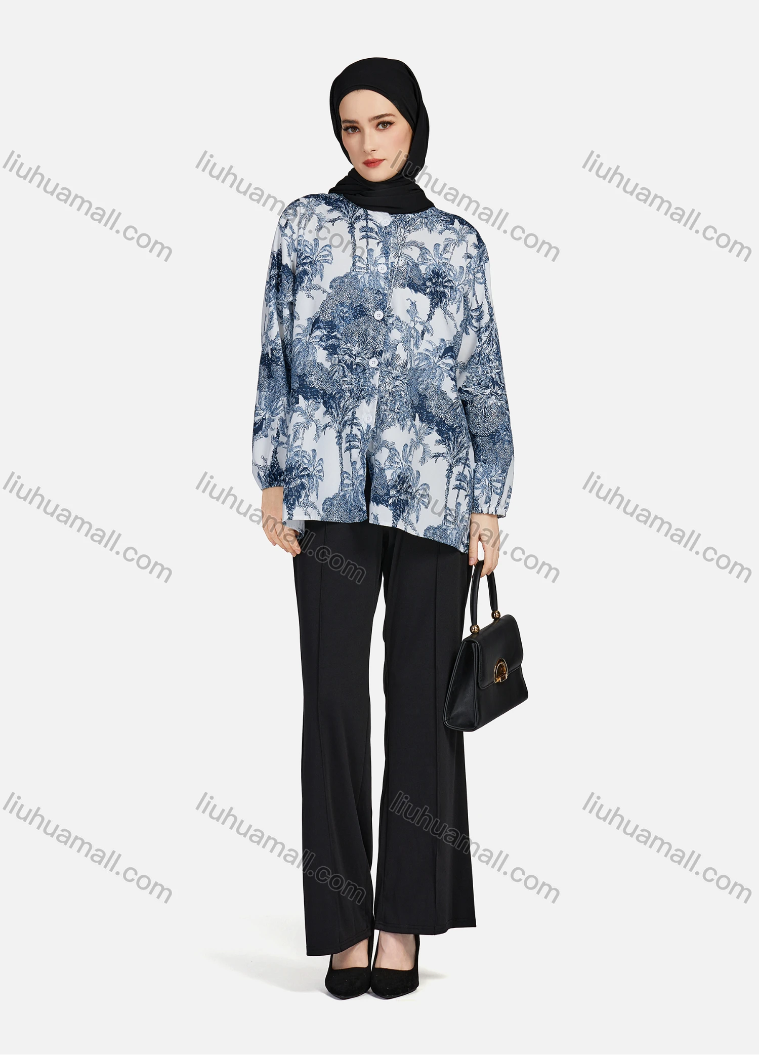 Wholesale Women's Casual Allover Tree Print Crew Neck Long Sleeve High Low Hem Button Down Top 1403# - Liuhuamall