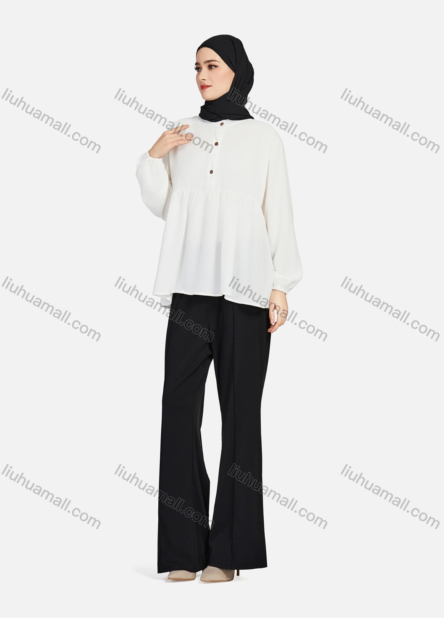 Wholesale Women's Casual Plain Mock Neck Long Sleeve Ruched Ruffle Hem Button Front Top 1404# - Liuhuamall