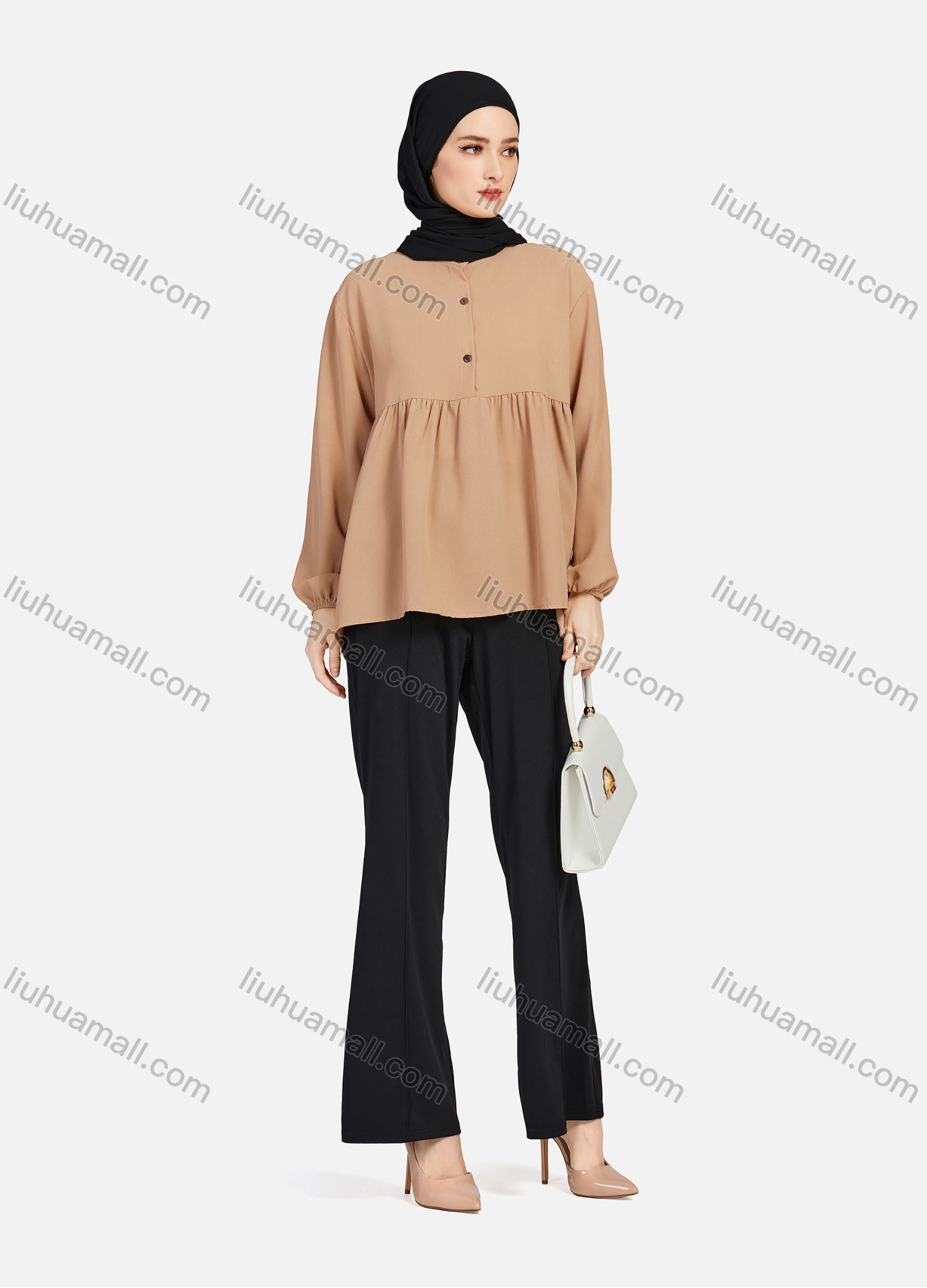 Wholesale Women's Casual Plain Mock Neck Long Sleeve Ruched Ruffle Hem Button Front Top 1404# - Liuhuamall