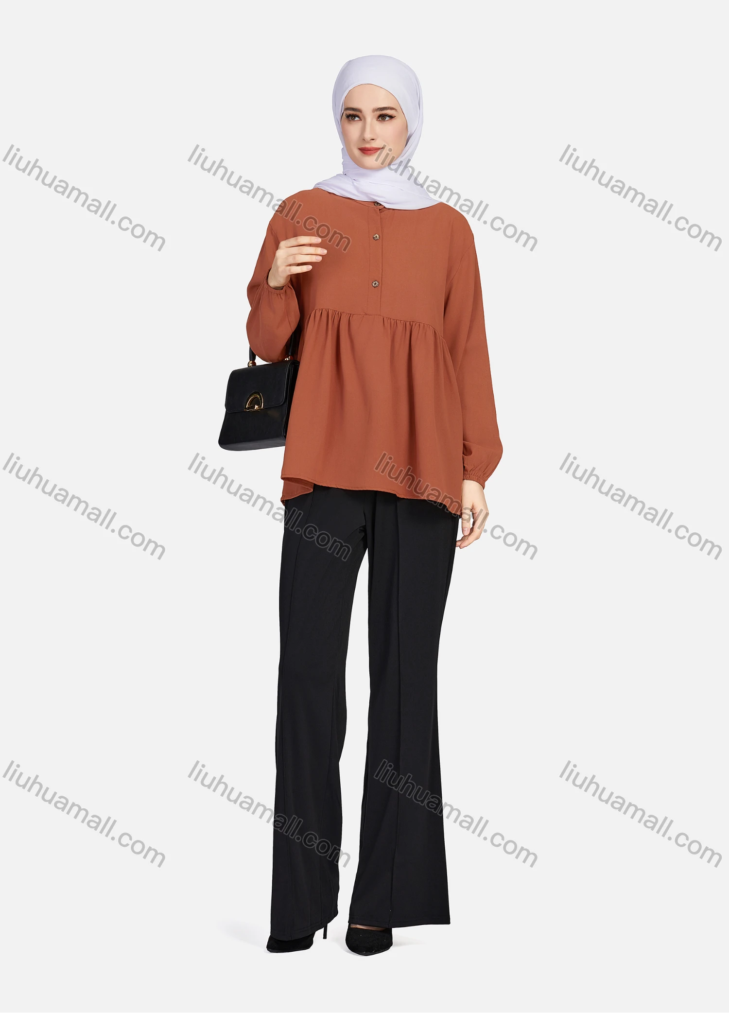 Wholesale Women's Casual Plain Mock Neck Long Sleeve Ruched Ruffle Hem Button Front Top 1404# - Liuhuamall