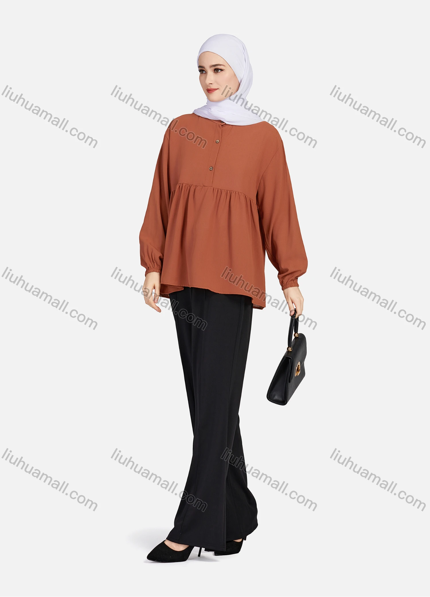 Wholesale Women's Casual Plain Mock Neck Long Sleeve Ruched Ruffle Hem Button Front Top 1404# - Liuhuamall