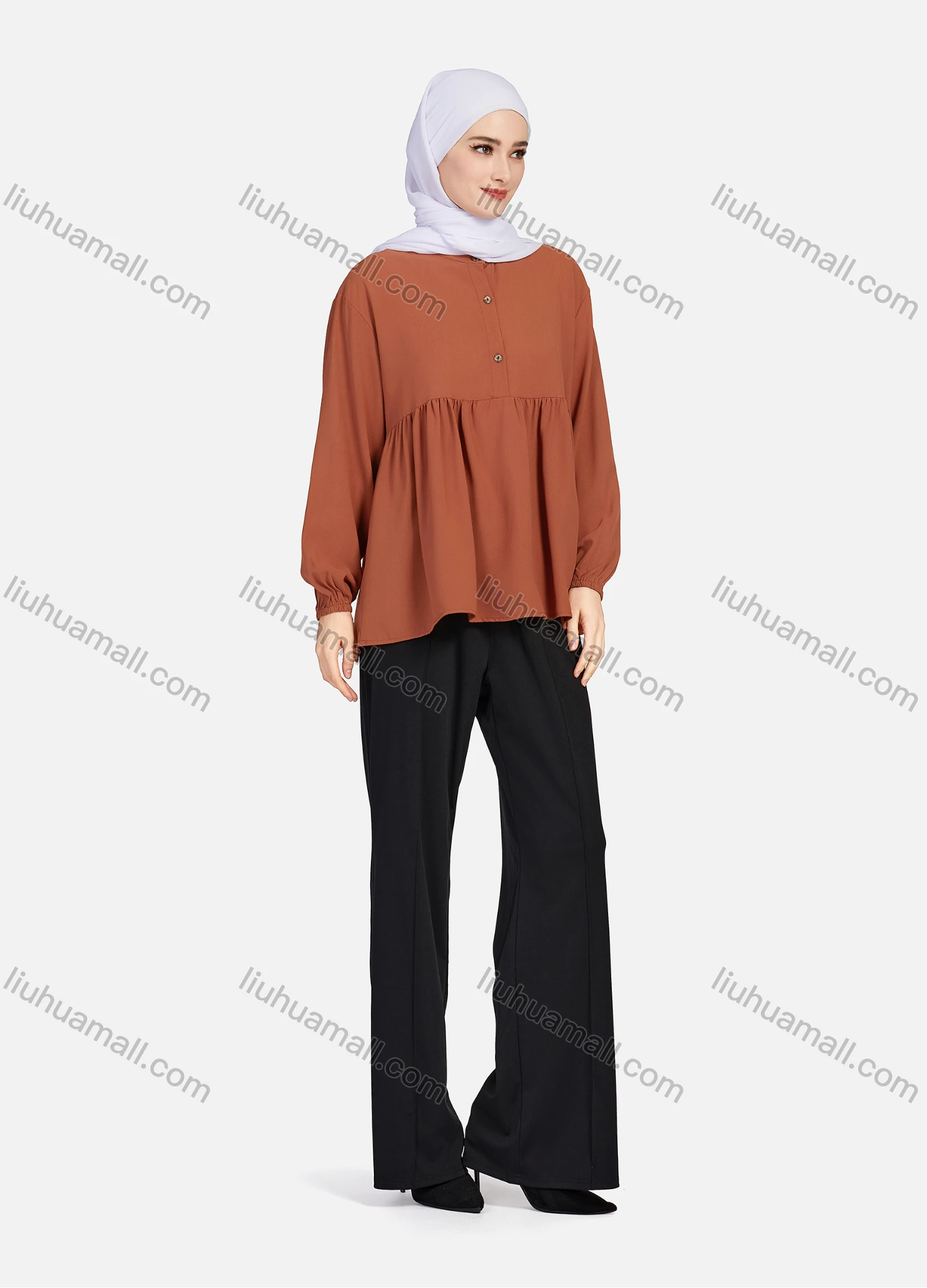 Wholesale Women's Casual Plain Mock Neck Long Sleeve Ruched Ruffle Hem Button Front Top 1404# - Liuhuamall