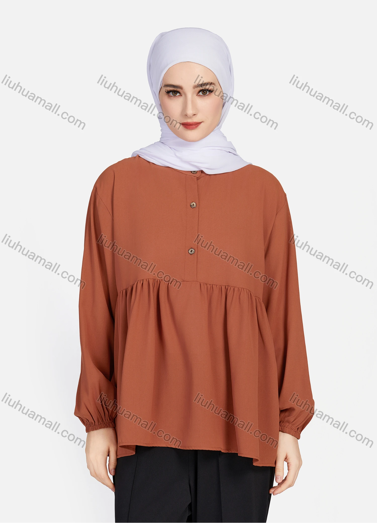 Wholesale Women's Casual Plain Mock Neck Long Sleeve Ruched Ruffle Hem Button Front Top 1404# - Liuhuamall