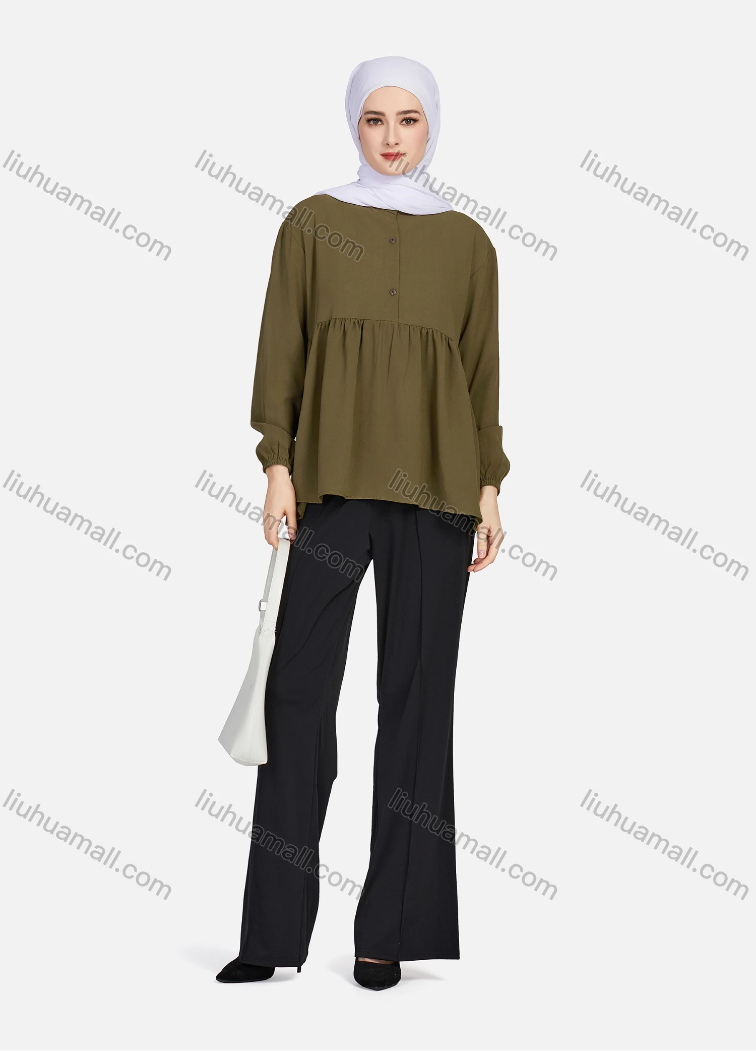 Wholesale Women's Casual Plain Mock Neck Long Sleeve Ruched Ruffle Hem Button Front Top 1404# - Liuhuamall