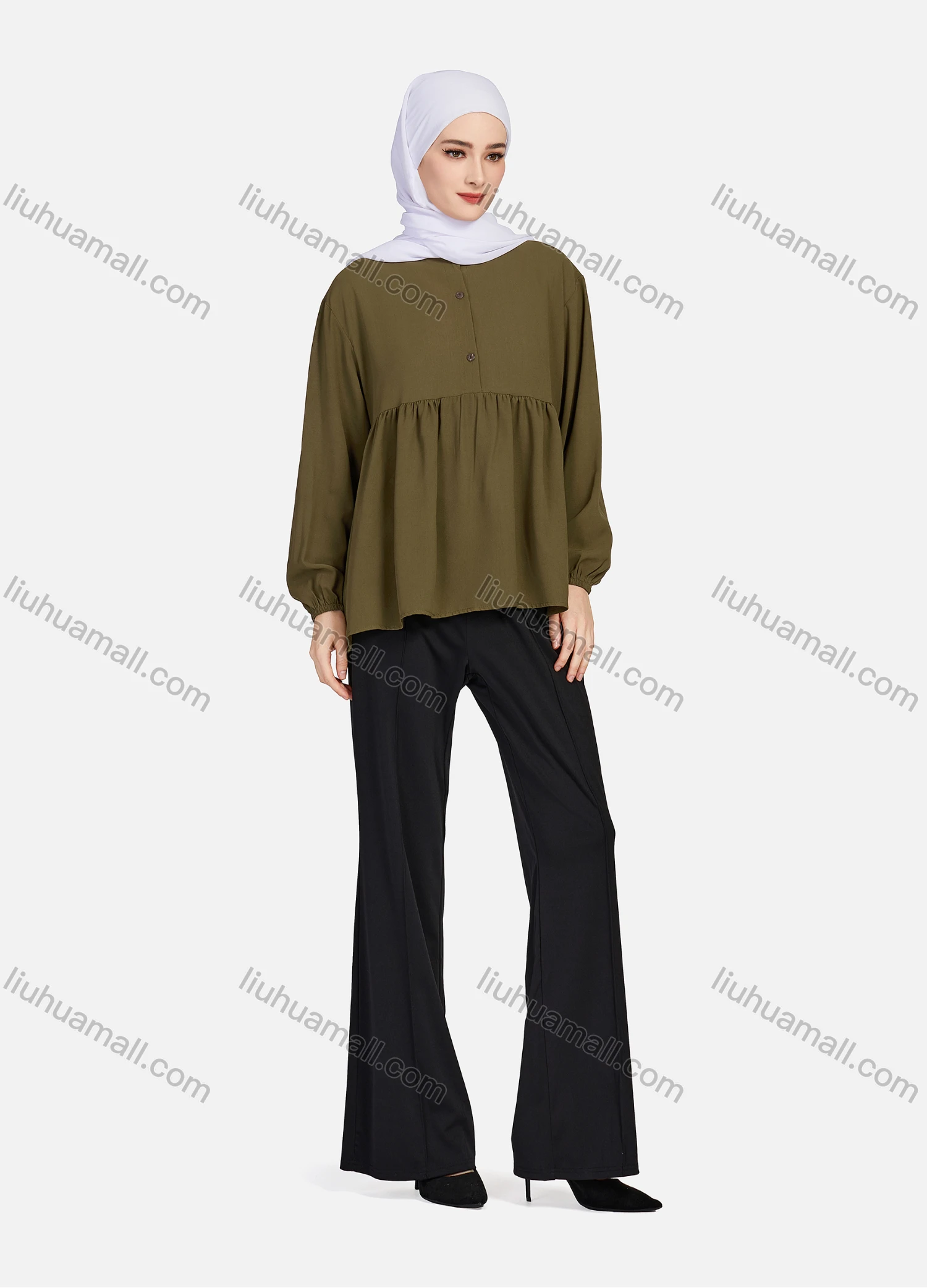 Wholesale Women's Casual Plain Mock Neck Long Sleeve Ruched Ruffle Hem Button Front Top 1404# - Liuhuamall