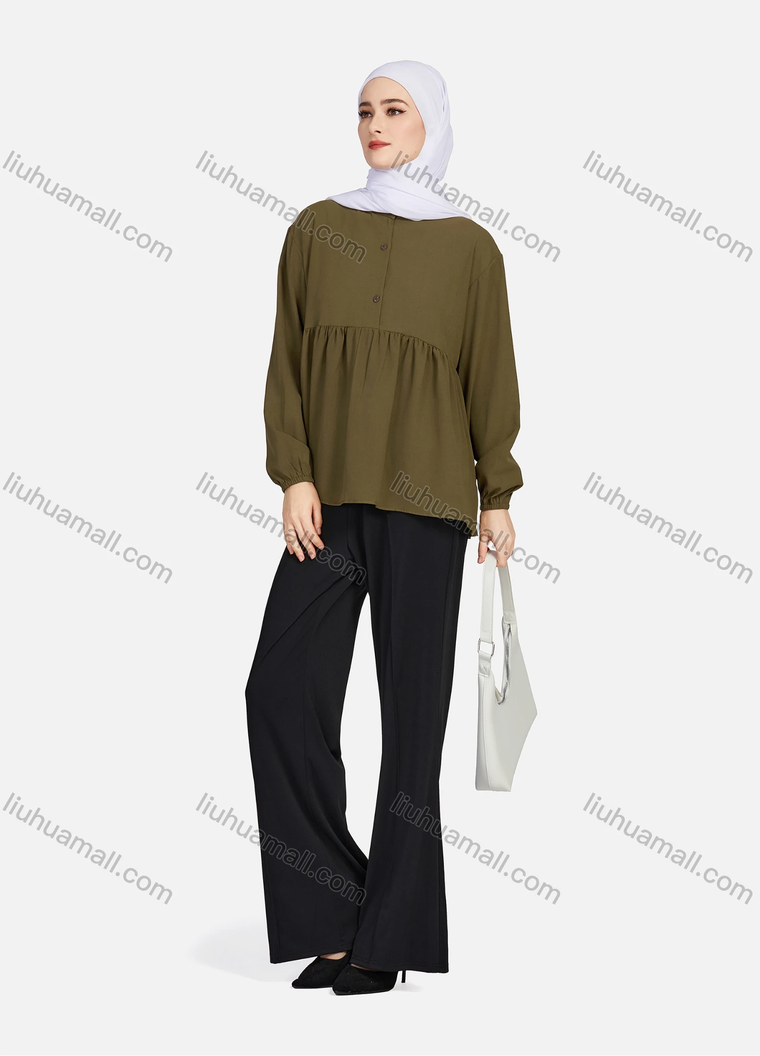 Wholesale Women's Casual Plain Mock Neck Long Sleeve Ruched Ruffle Hem Button Front Top 1404# - Liuhuamall