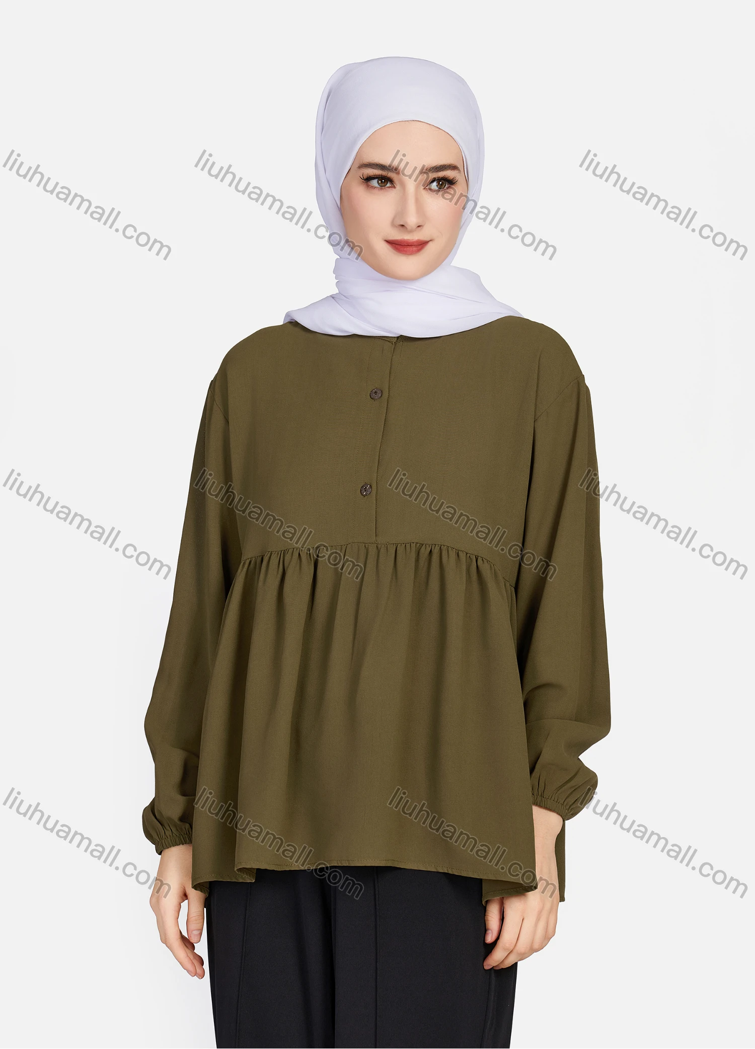 Wholesale Women's Casual Plain Mock Neck Long Sleeve Ruched Ruffle Hem Button Front Top 1404# - Liuhuamall