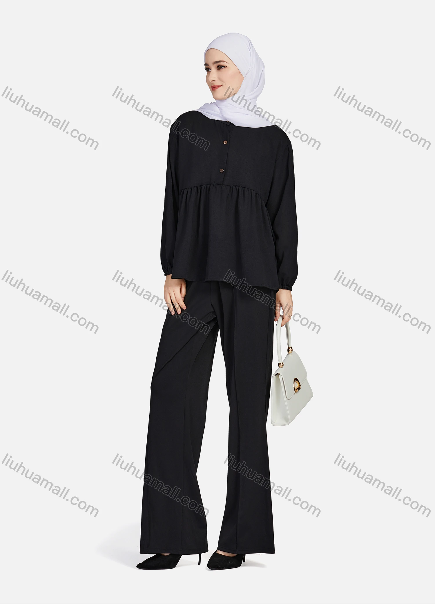 Wholesale Women's Casual Plain Mock Neck Long Sleeve Ruched Ruffle Hem Button Front Top 1404# - Liuhuamall